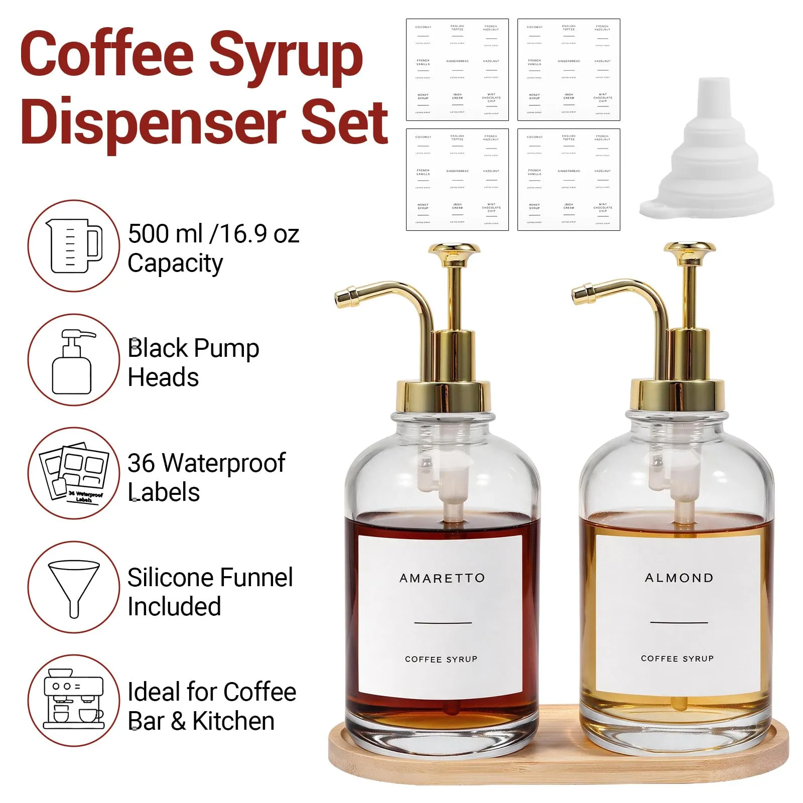 AuraNova Dispenser per Sciroppo Caffè, Bottiglie in Vetro con Pompa Dorata, Set da 2, 500 ml, 36 Etichette e Imbuto in Silicone - immagine 5