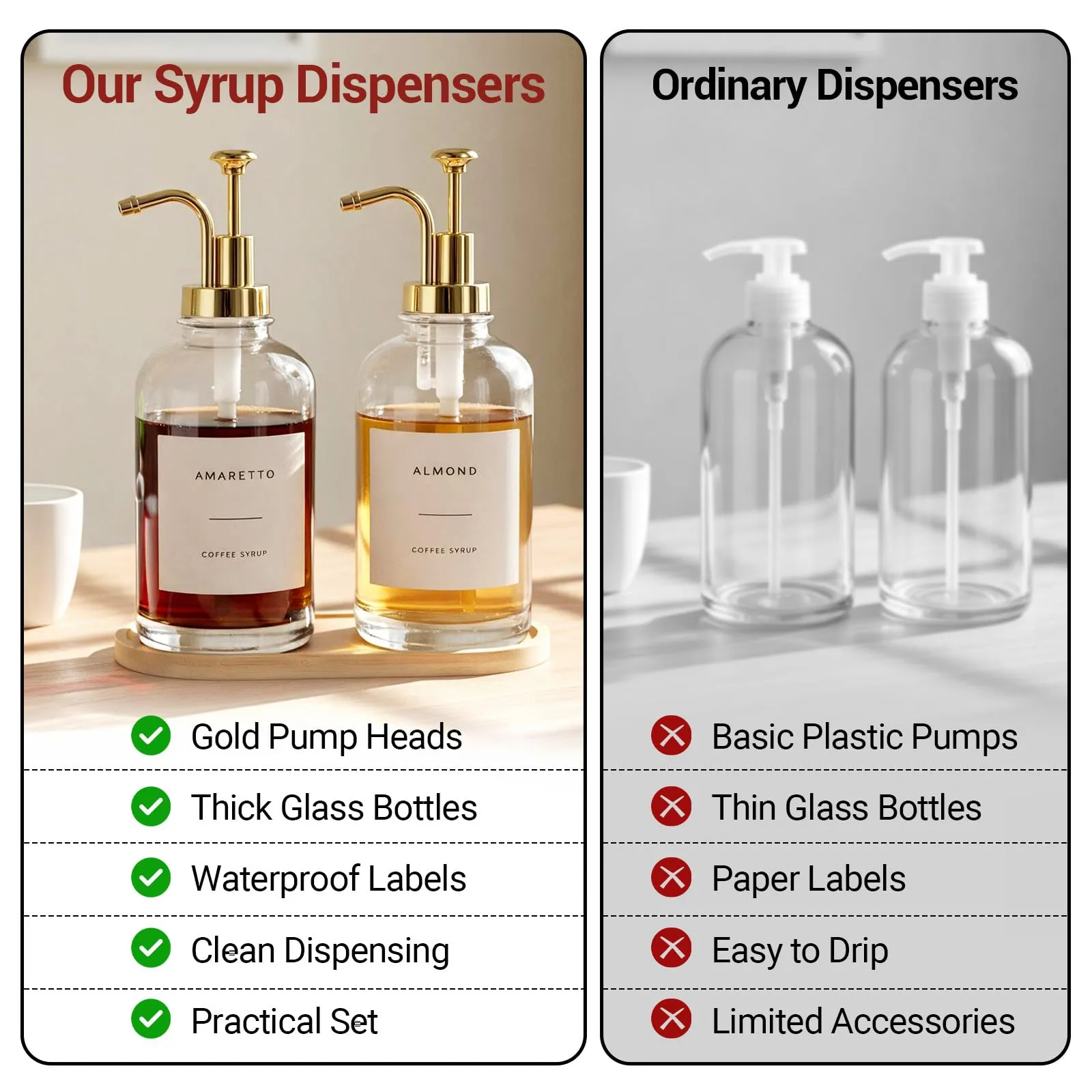 AuraNova Dispenser per Sciroppo Caffè, Bottiglie in Vetro con Pompa Dorata, Set da 2, 500 ml, 36 Etichette e Imbuto in Silicone - immagine 6