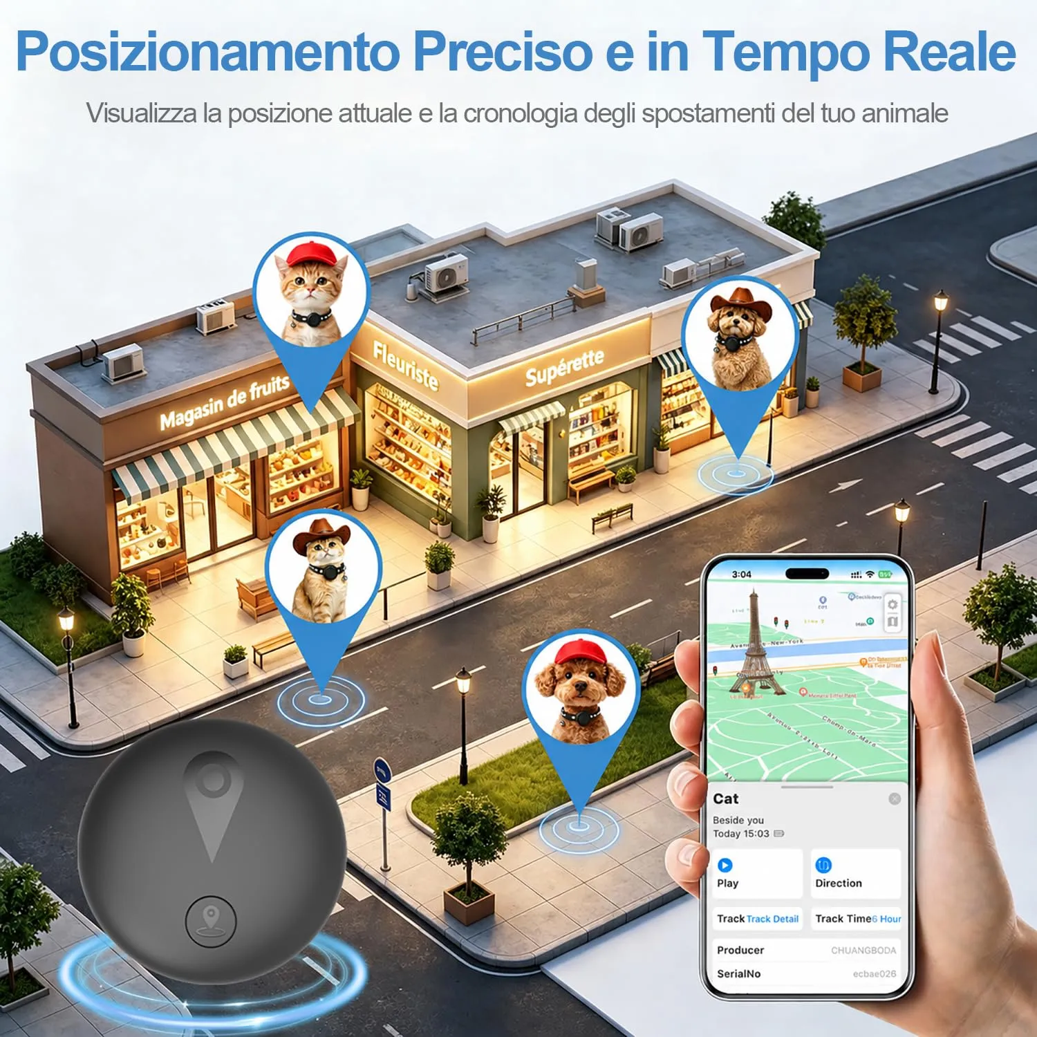 Syeioxn Collare GPS 2 in 1 per Cani di Piccola Taglia e Gatti, Riflettente, Senza Abbonamento, Compatibile con iOS/Android, Regolabile con Campanellino - Nero - immagine 2