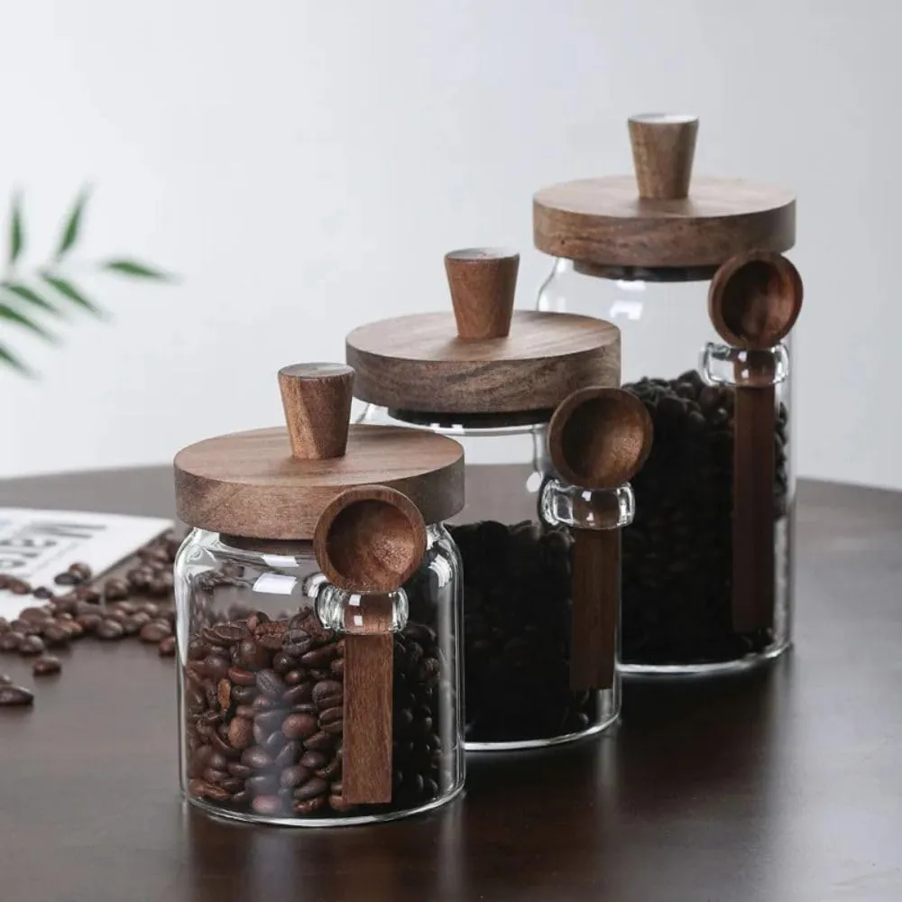Barattoli in vetro con coperchio in legno e cucchiaio per spezie, tè, caffè e zucchero, 400 ml - immagine 6