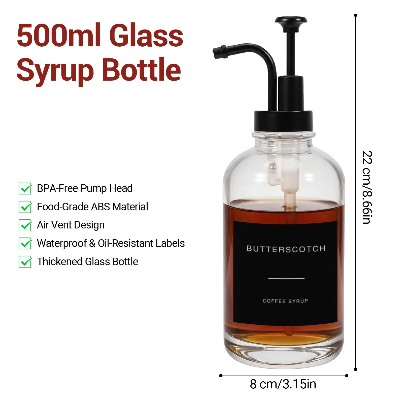 AuraNova Dispenser per Sciroppo Caffè, Bottiglie in Vetro con Pompa, Set da 2, 500 ml, con 36 Etichette e Imbuto in Silicone - immagine 2