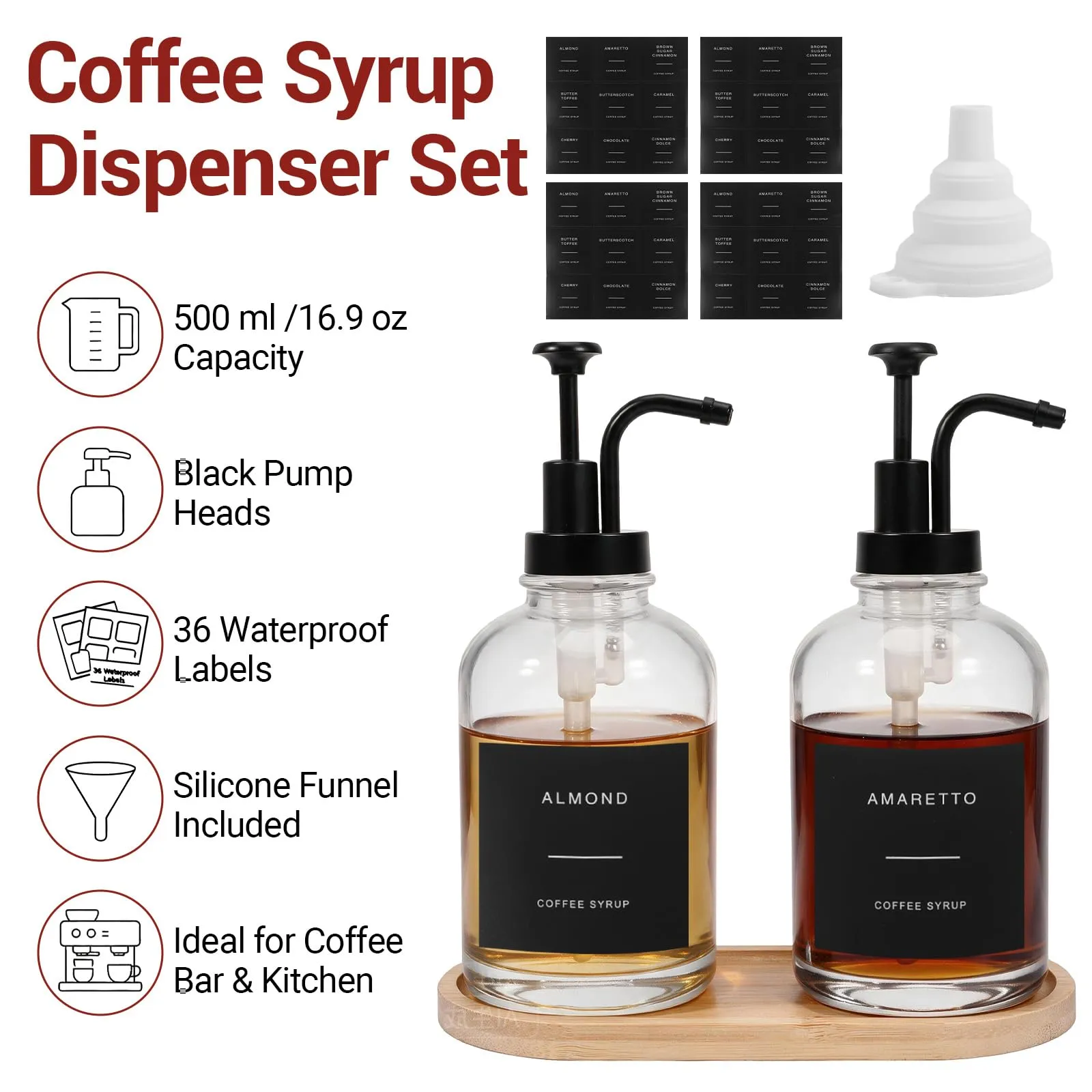 AuraNova Dispenser per Sciroppo Caffè, Bottiglie in Vetro con Pompa, Set da 2, 500 ml, con 36 Etichette e Imbuto in Silicone - immagine 5