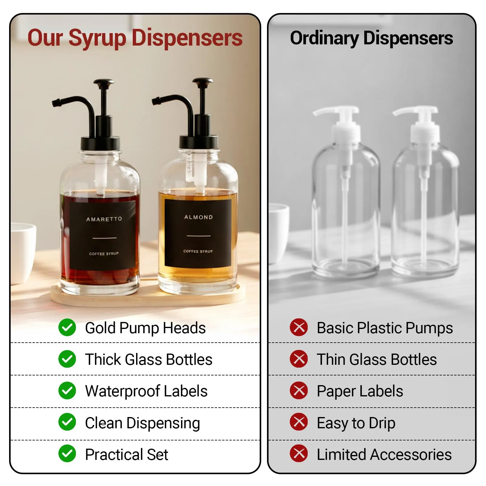 AuraNova Dispenser per Sciroppo Caffè, Bottiglie in Vetro con Pompa, Set da 2, 500 ml, con 36 Etichette e Imbuto in Silicone - immagine 6