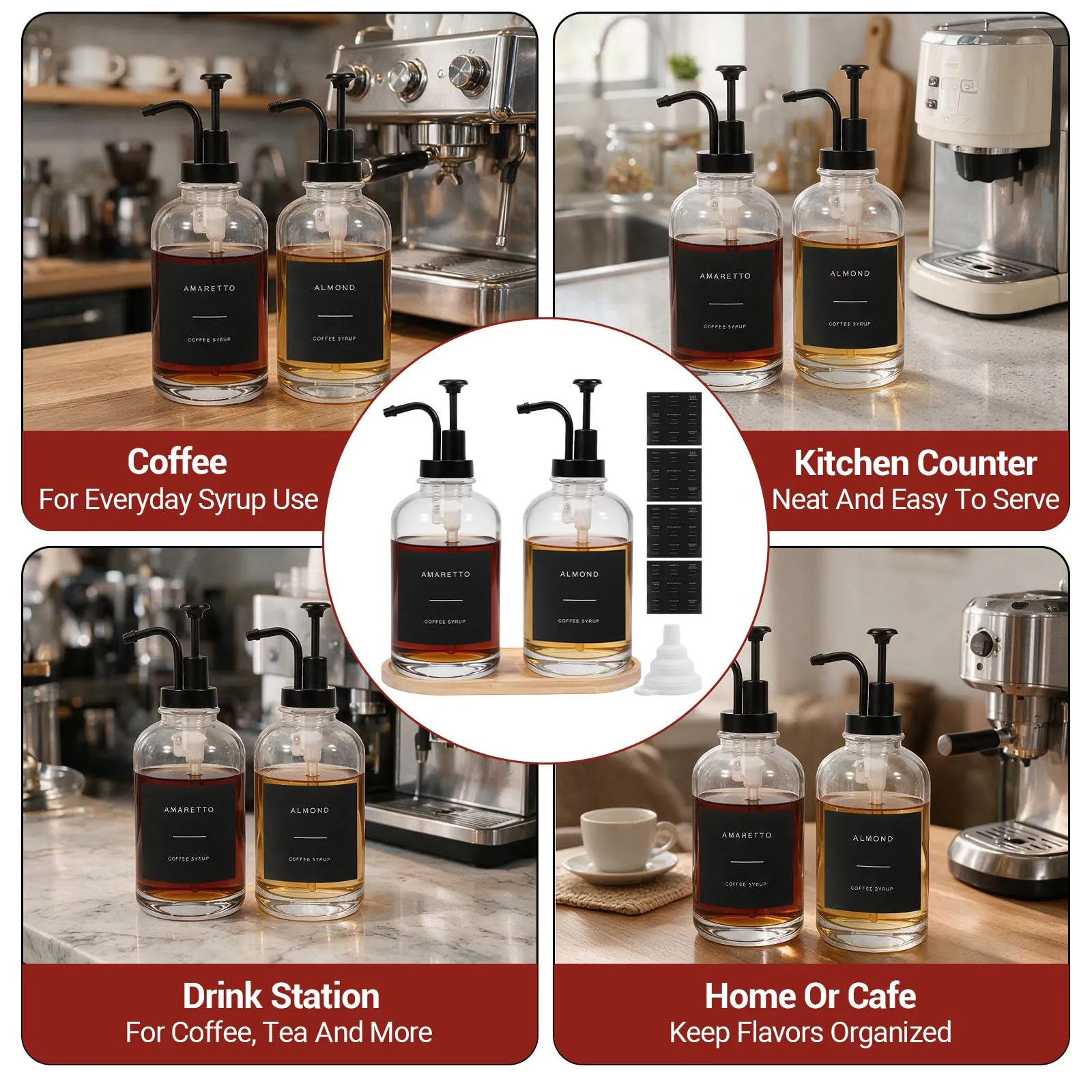 AuraNova Dispenser per Sciroppo Caffè, Bottiglie in Vetro con Pompa, Set da 2, 500 ml, con 36 Etichette e Imbuto in Silicone - immagine 7