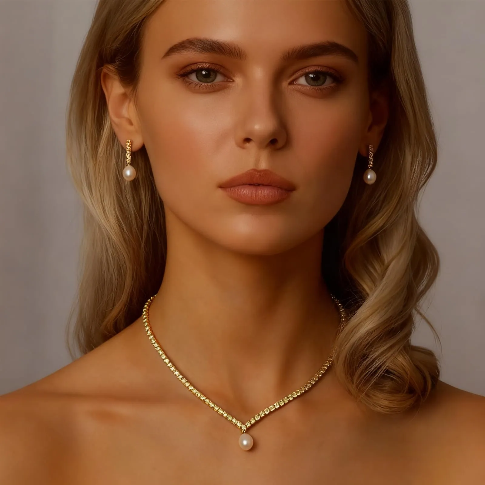 JYIXXZX Parure Gioielli Donna in Argento Oro e Perle con Zirconia Cubica, Set Collana e Orecchini - immagine 3