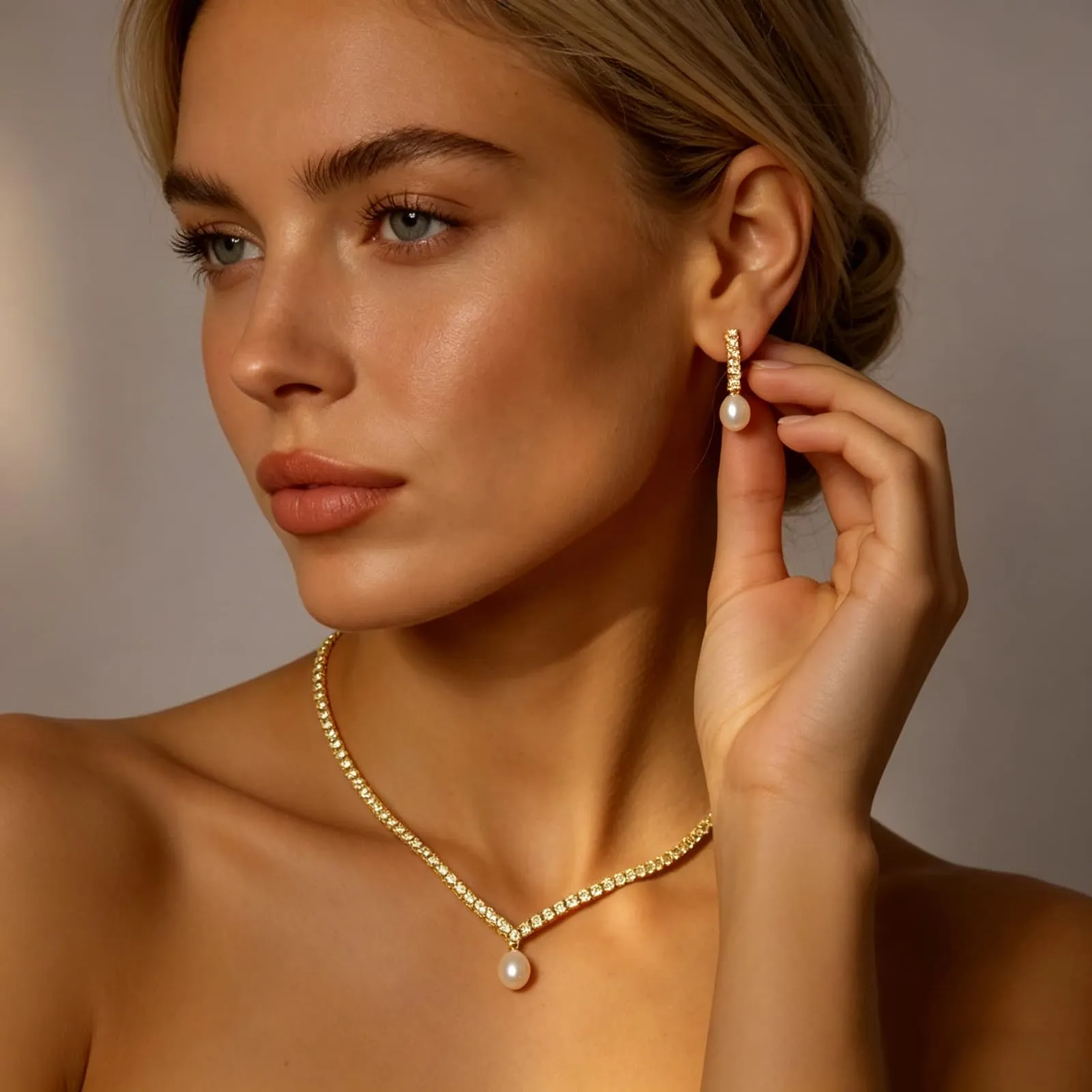 JYIXXZX Parure Gioielli Donna in Argento Oro e Perle con Zirconia Cubica, Set Collana e Orecchini - immagine 5