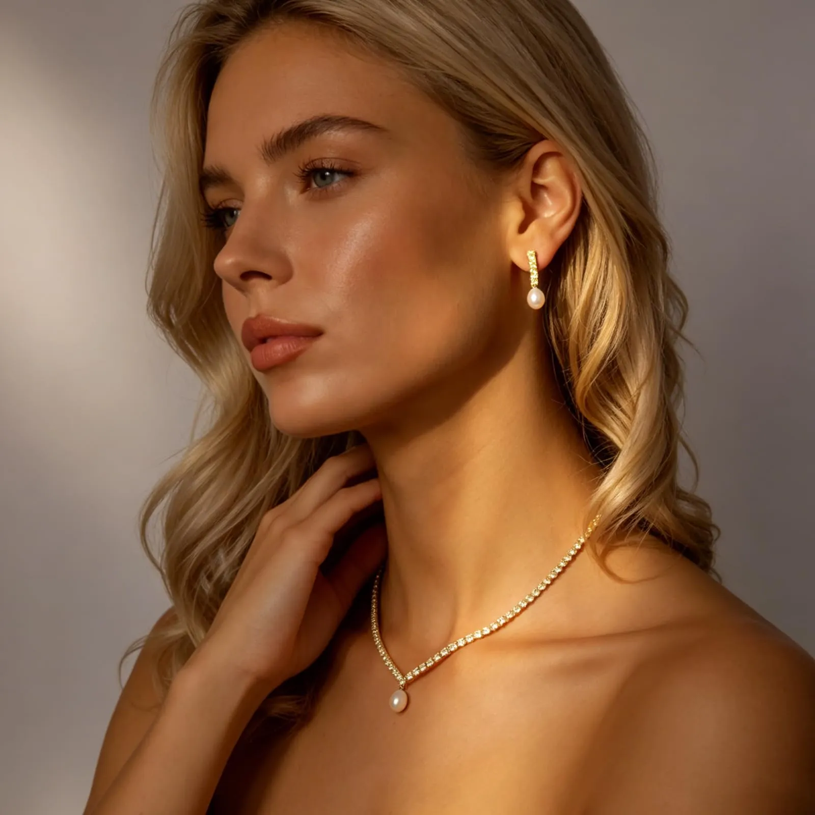 JYIXXZX Parure Gioielli Donna in Argento Oro e Perle con Zirconia Cubica, Set Collana e Orecchini - immagine 7