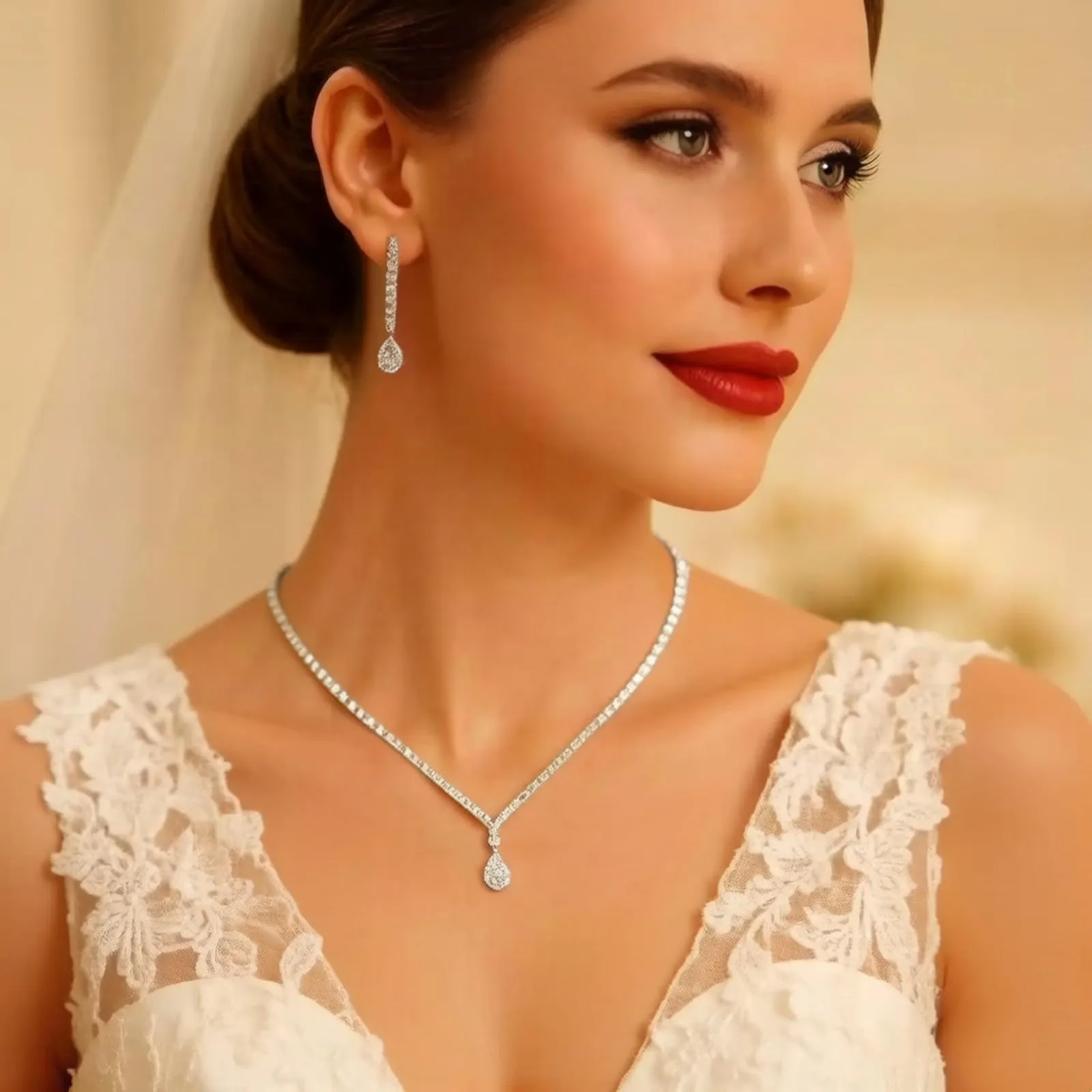 JYIXXZX Set Collana e Orecchini Donna con Zirconia Cubica e Cristallo a Goccia, Argento - immagine 4