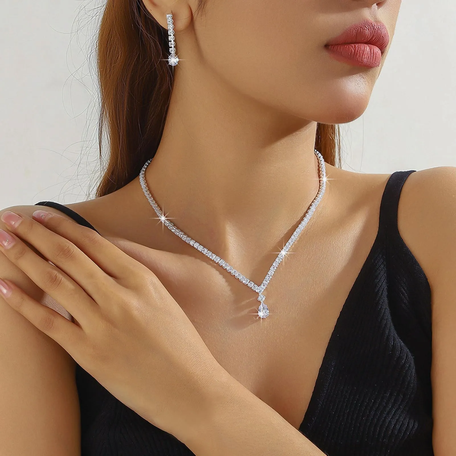 JYIXXZX Set Collana e Orecchini Donna con Zirconia Cubica e Cristallo a Goccia, Argento - immagine 8