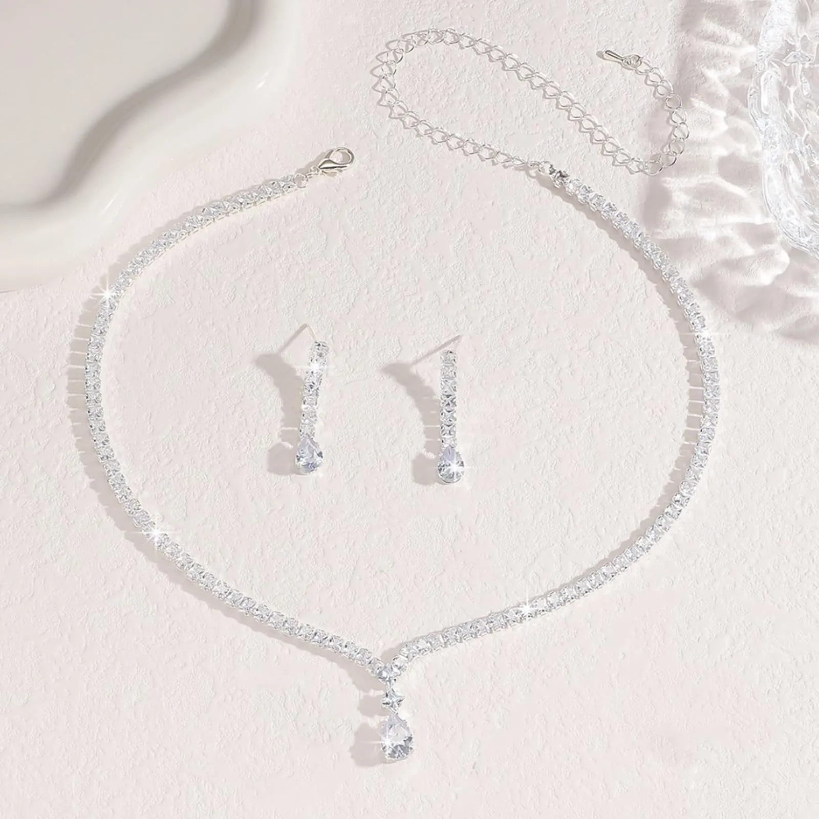 JYIXXZX Set Collana e Orecchini Donna con Zirconia Cubica e Cristallo a Goccia, Argento - immagine 9