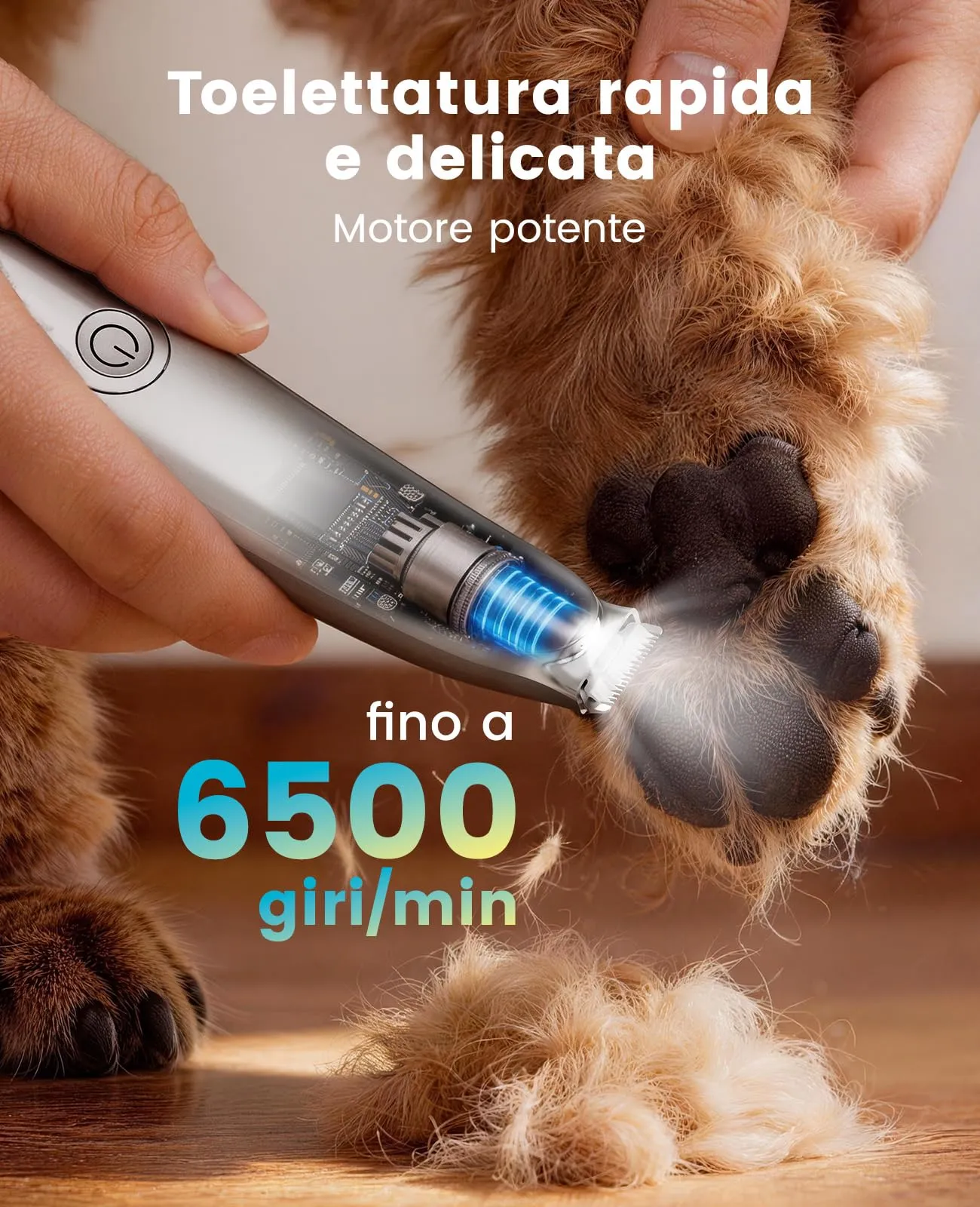 oneisall Tosatrice per Cani e Gatti FC13, Silenziosa 35dB, Luce LED, Lama Curva, 2 Velocità 6500/5000 RPM, Senza Fili Ricaricabile - immagine 2