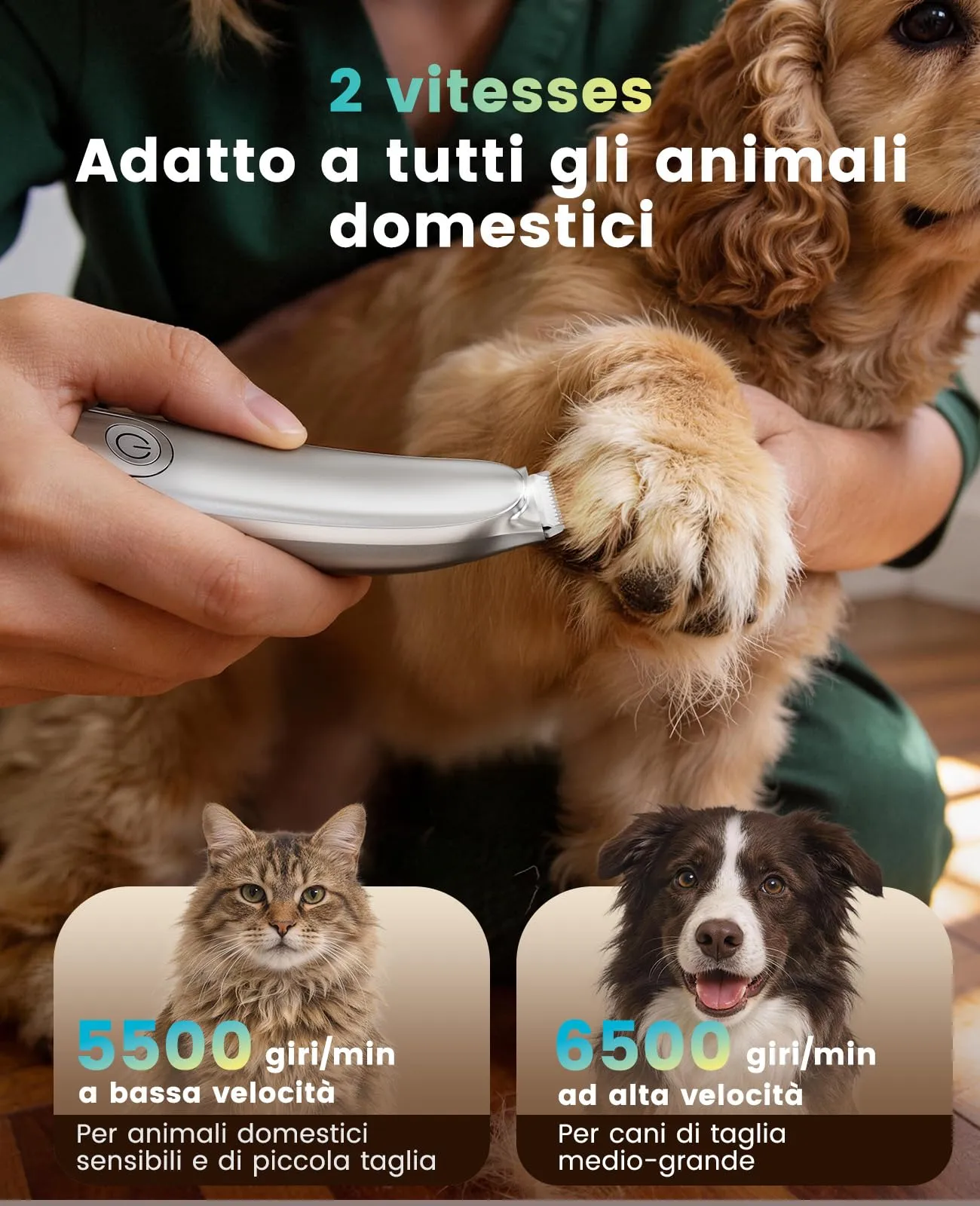 oneisall Tosatrice per Cani e Gatti FC13, Silenziosa 35dB, Luce LED, Lama Curva, 2 Velocità 6500/5000 RPM, Senza Fili Ricaricabile - immagine 3