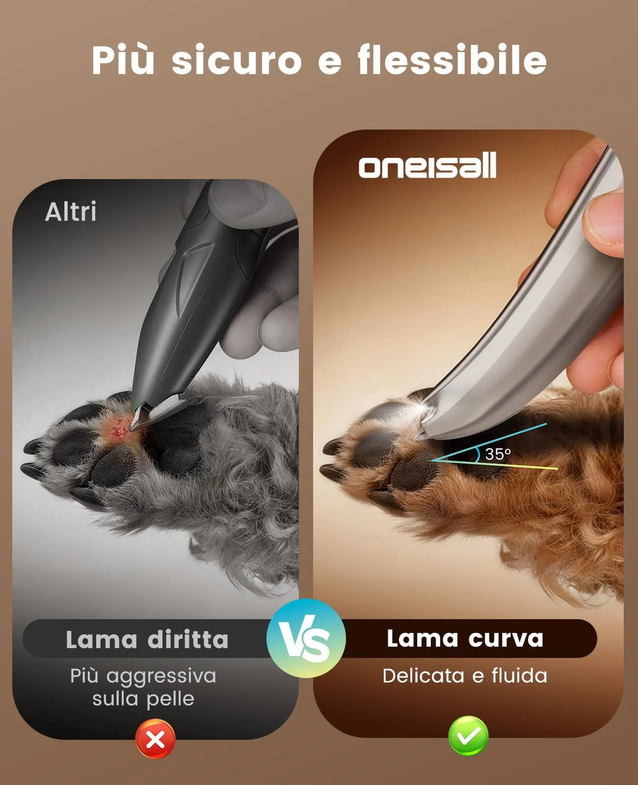 oneisall Tosatrice per Cani e Gatti FC13, Silenziosa 35dB, Luce LED, Lama Curva, 2 Velocità 6500/5000 RPM, Senza Fili Ricaricabile - immagine 5