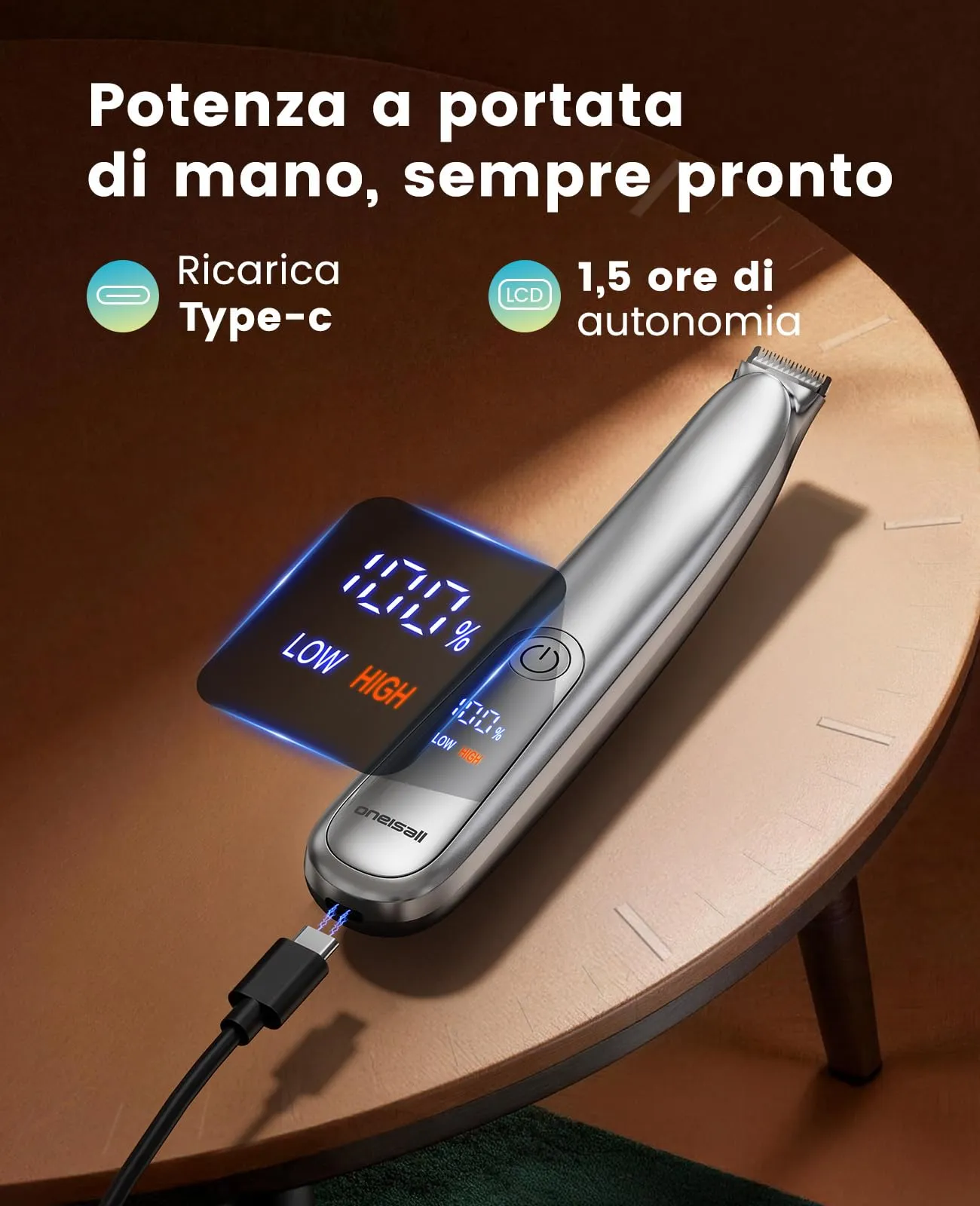 oneisall Tosatrice per Cani e Gatti FC13, Silenziosa 35dB, Luce LED, Lama Curva, 2 Velocità 6500/5000 RPM, Senza Fili Ricaricabile - immagine 8
