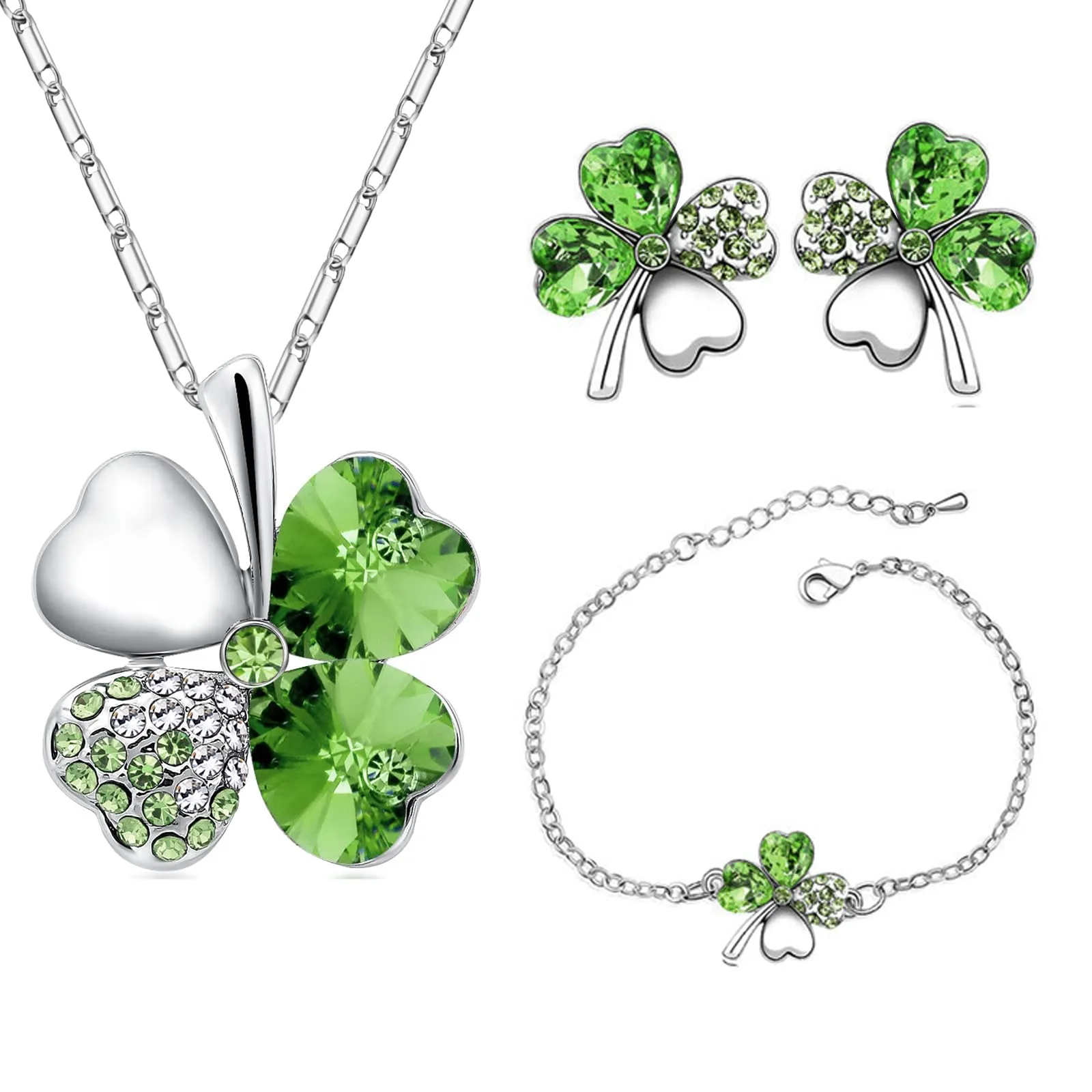 SwirlColor Set Gioielli Quadrifoglio con Strass e Cristalli, Collana, Bracciale e Orecchini (Verde) - immagine 1