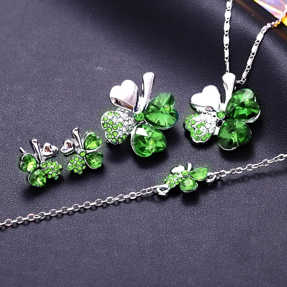 SwirlColor Set Gioielli Quadrifoglio con Strass e Cristalli, Collana, Bracciale e Orecchini (Verde) - immagine 4