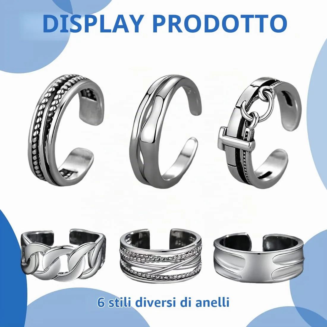 ARHZ Set di 6 Anelli in Acciaio Inossidabile Argento per Uomo, Regolabili, Stile Vintage e Inciso - immagine 2
