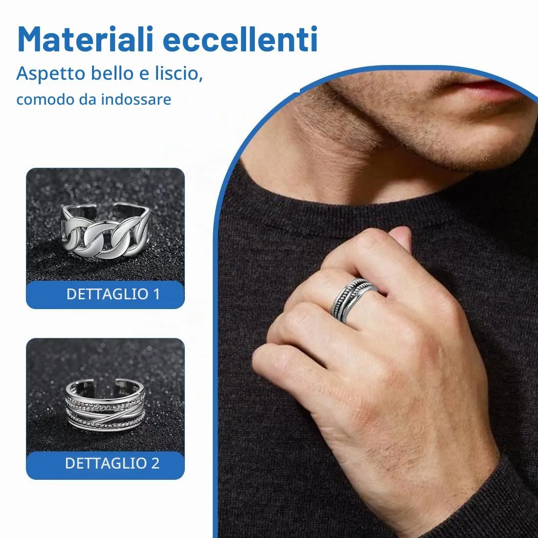 ARHZ Set di 6 Anelli in Acciaio Inossidabile Argento per Uomo, Regolabili, Stile Vintage e Inciso - immagine 3