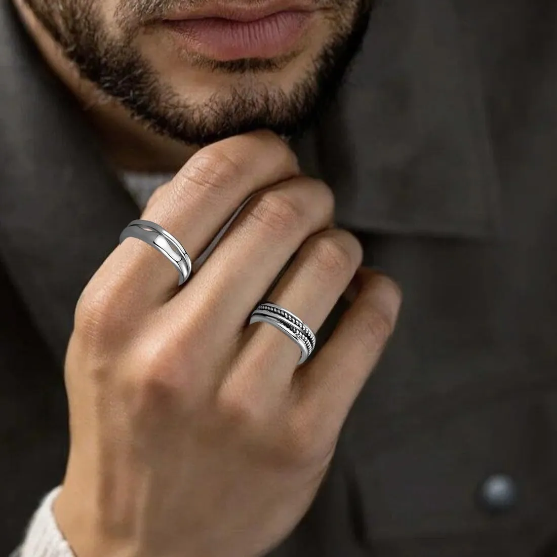 ARHZ Set di 6 Anelli in Acciaio Inossidabile Argento per Uomo, Regolabili, Stile Vintage e Inciso - immagine 5