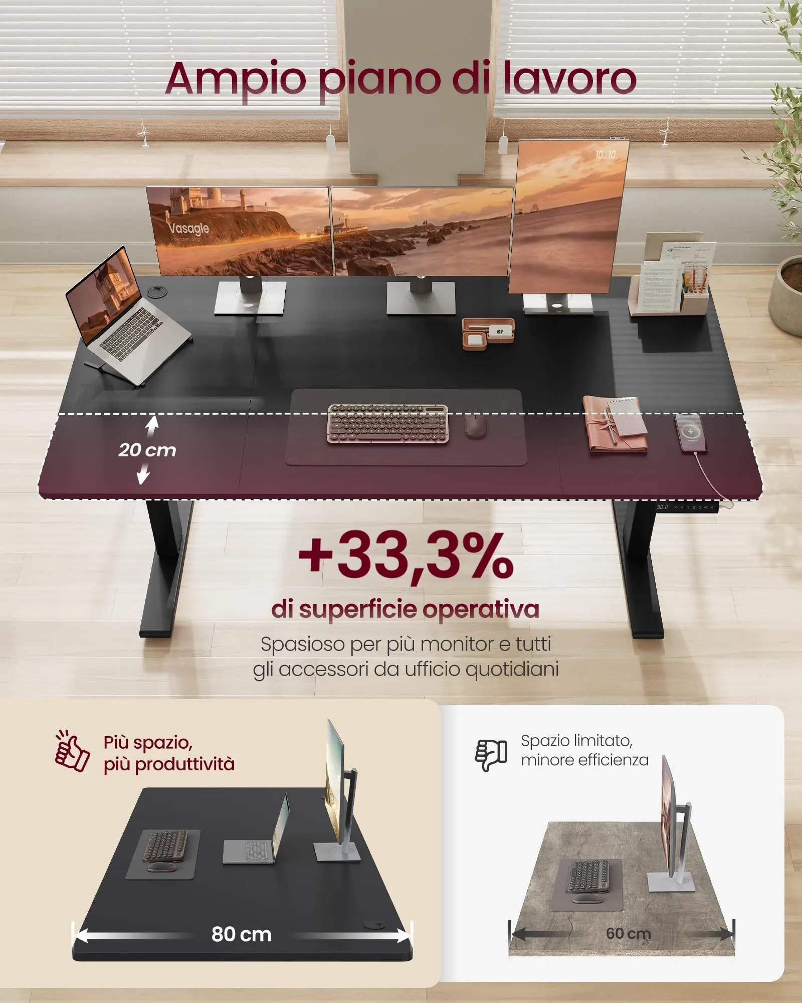 VASAGLE Scrivania Regolabile in Altezza, 160 x 80 cm, Porta USB-C - immagine 3