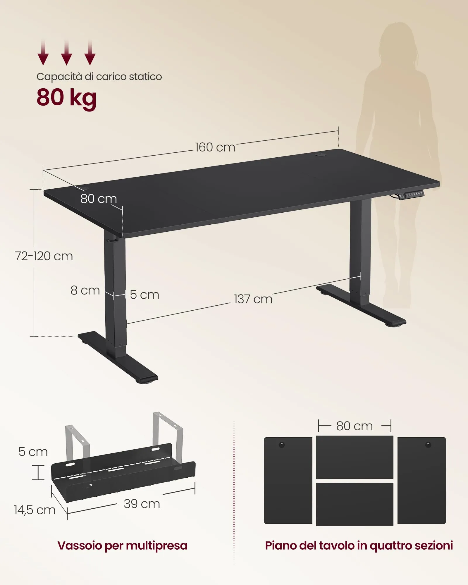 VASAGLE Scrivania Regolabile in Altezza, 160 x 80 cm, Porta USB-C - immagine 7