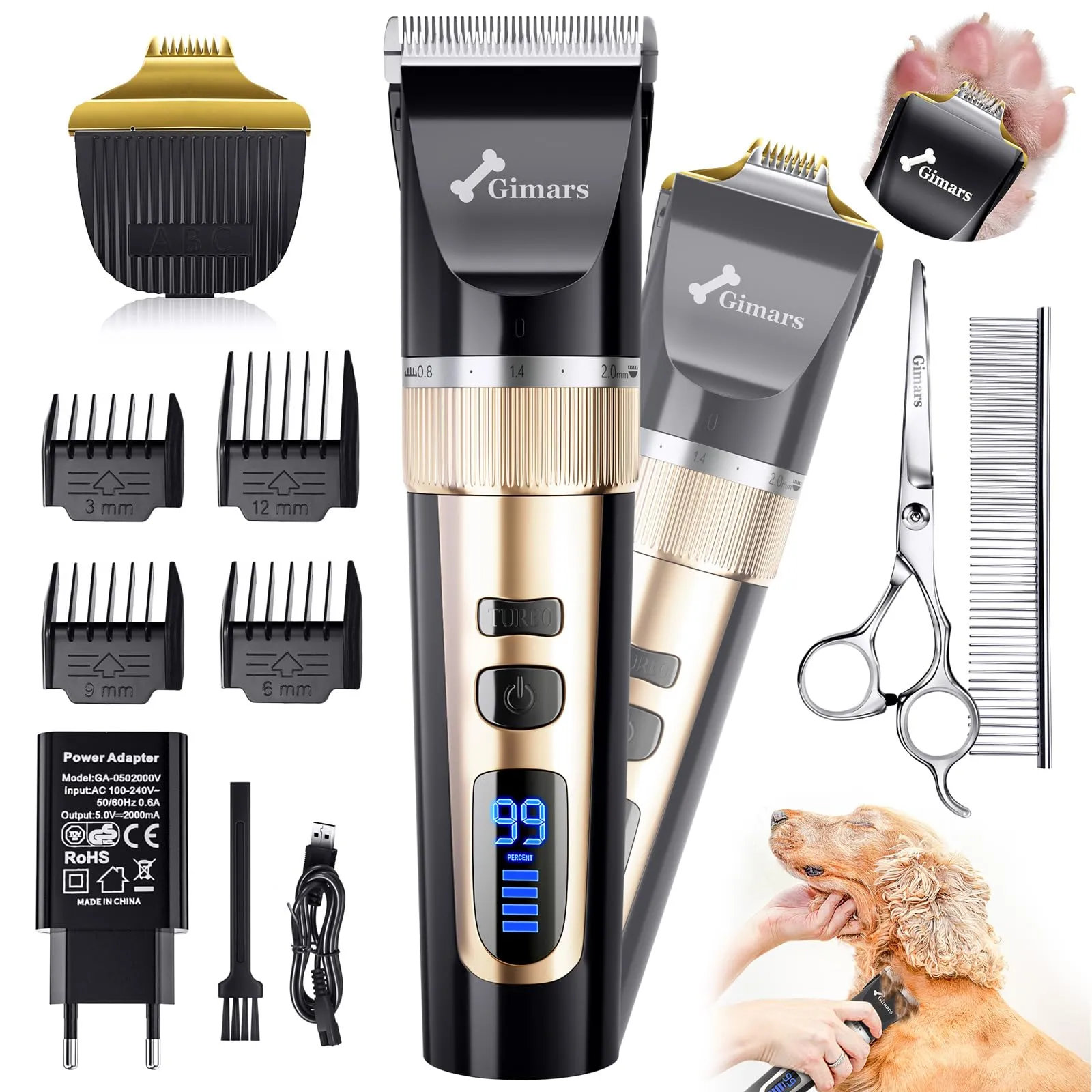 Gimars Tosatrice Professionale 4-in-1 per Cani e Gatti, 7000 RPM, Kit Toelettatura Senza Fili Ricaricabile USB, Oro - immagine 1