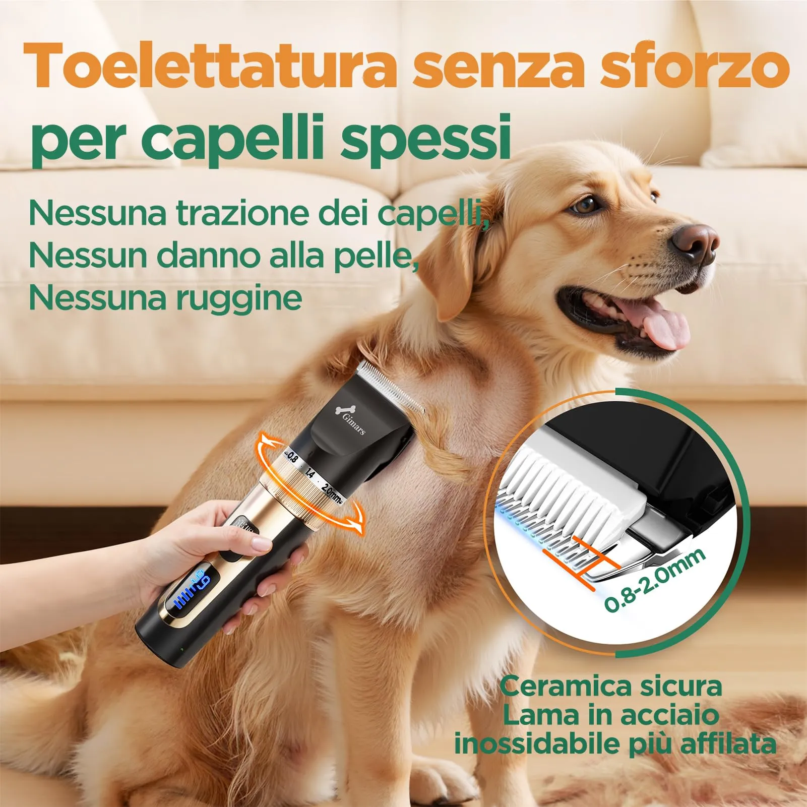 Gimars Tosatrice Professionale 4-in-1 per Cani e Gatti, 7000 RPM, Kit Toelettatura Senza Fili Ricaricabile USB, Oro - immagine 5