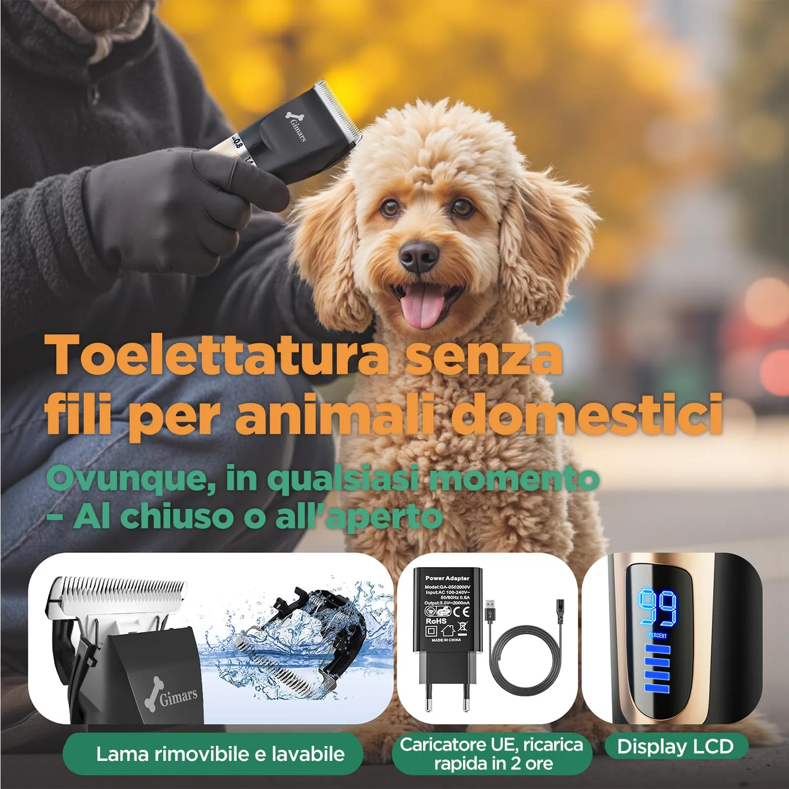 Gimars Tosatrice Professionale 4-in-1 per Cani e Gatti, 7000 RPM, Kit Toelettatura Senza Fili Ricaricabile USB, Oro - immagine 7