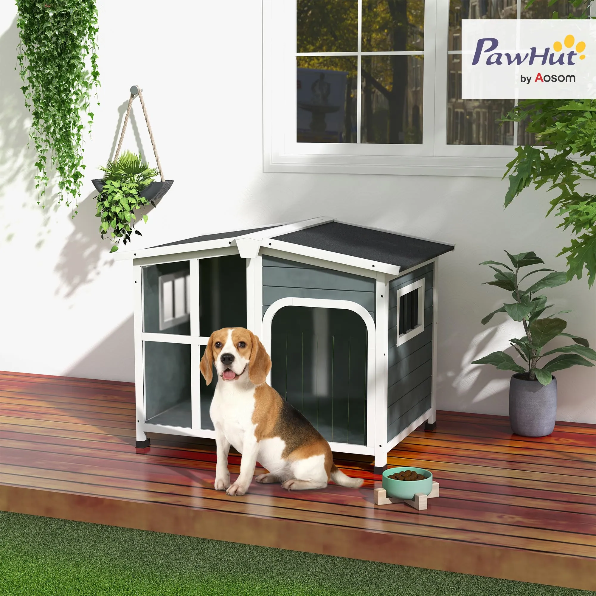 PawHut Cuccia per Cani da Esterno in Legno, 101x66.5x70.5cm, Grigio Scuro - immagine 2