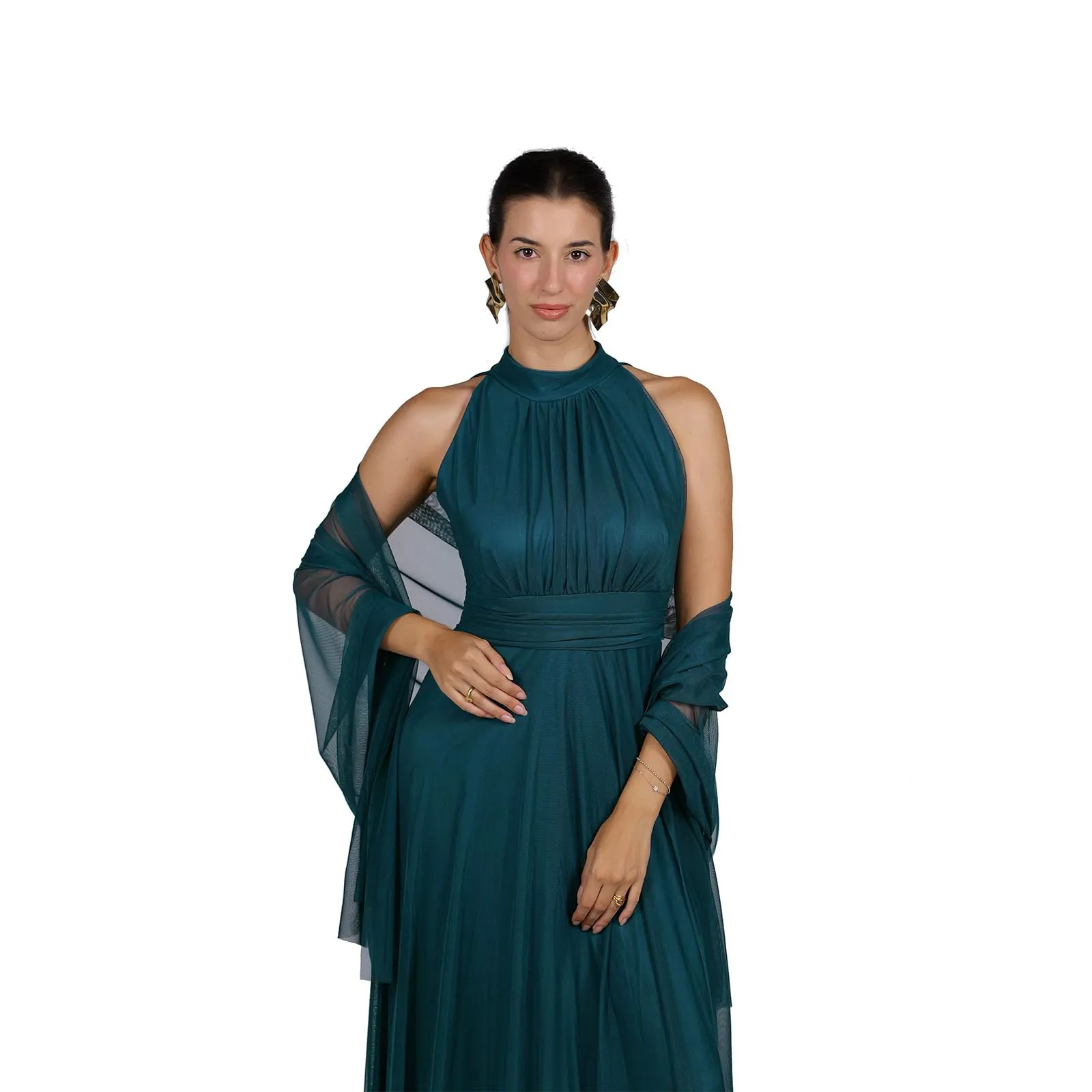 VALORIALUXE Abito Lungo Elegante Donna con Stola Coordinata in Tulle, Blu Petrolio, XXL-3XL - immagine 3