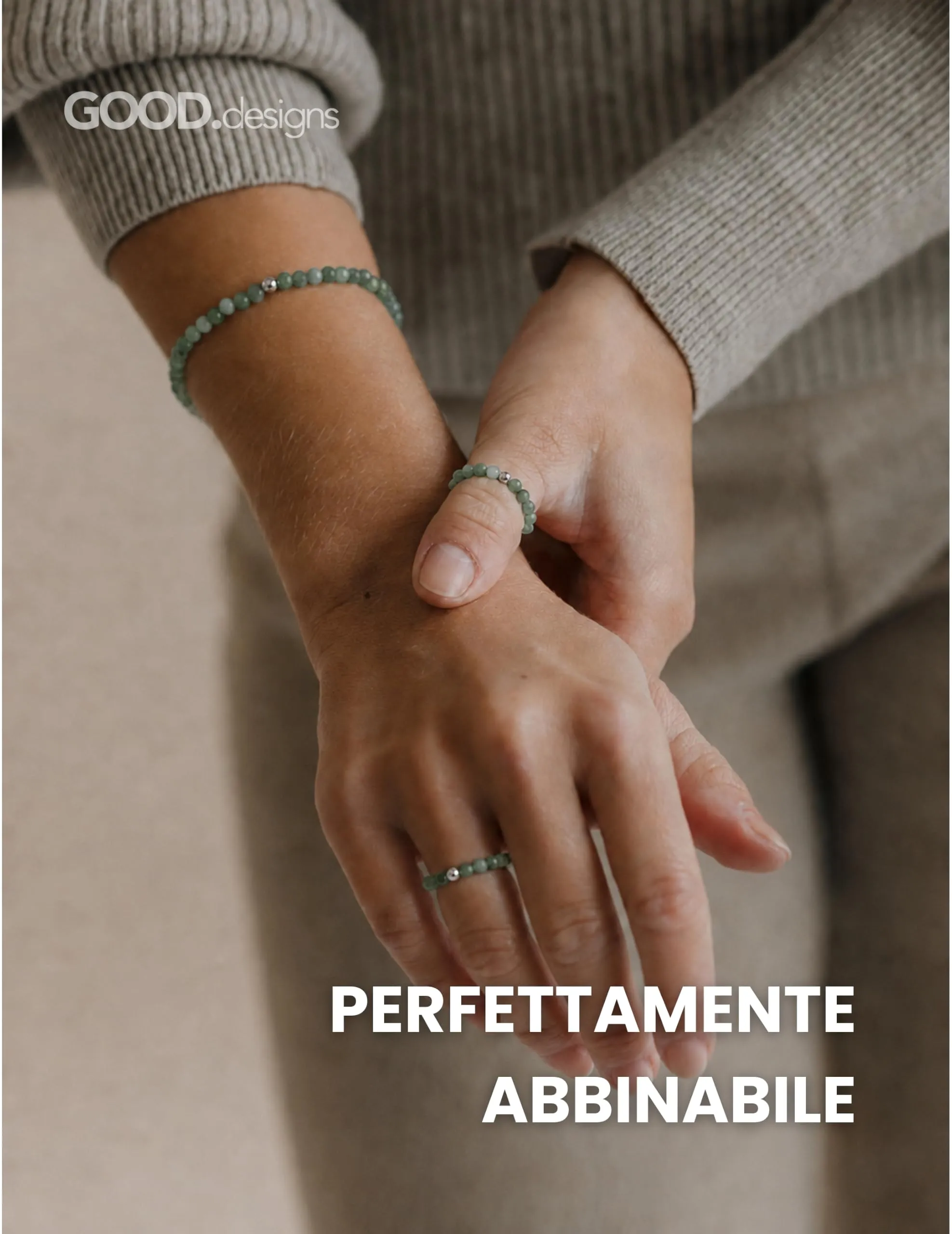 GD GOOD.designs Anello Antistress in Agata Verde con Perline di Pietra Naturale da Donna, Misura 52-60 - immagine 3
