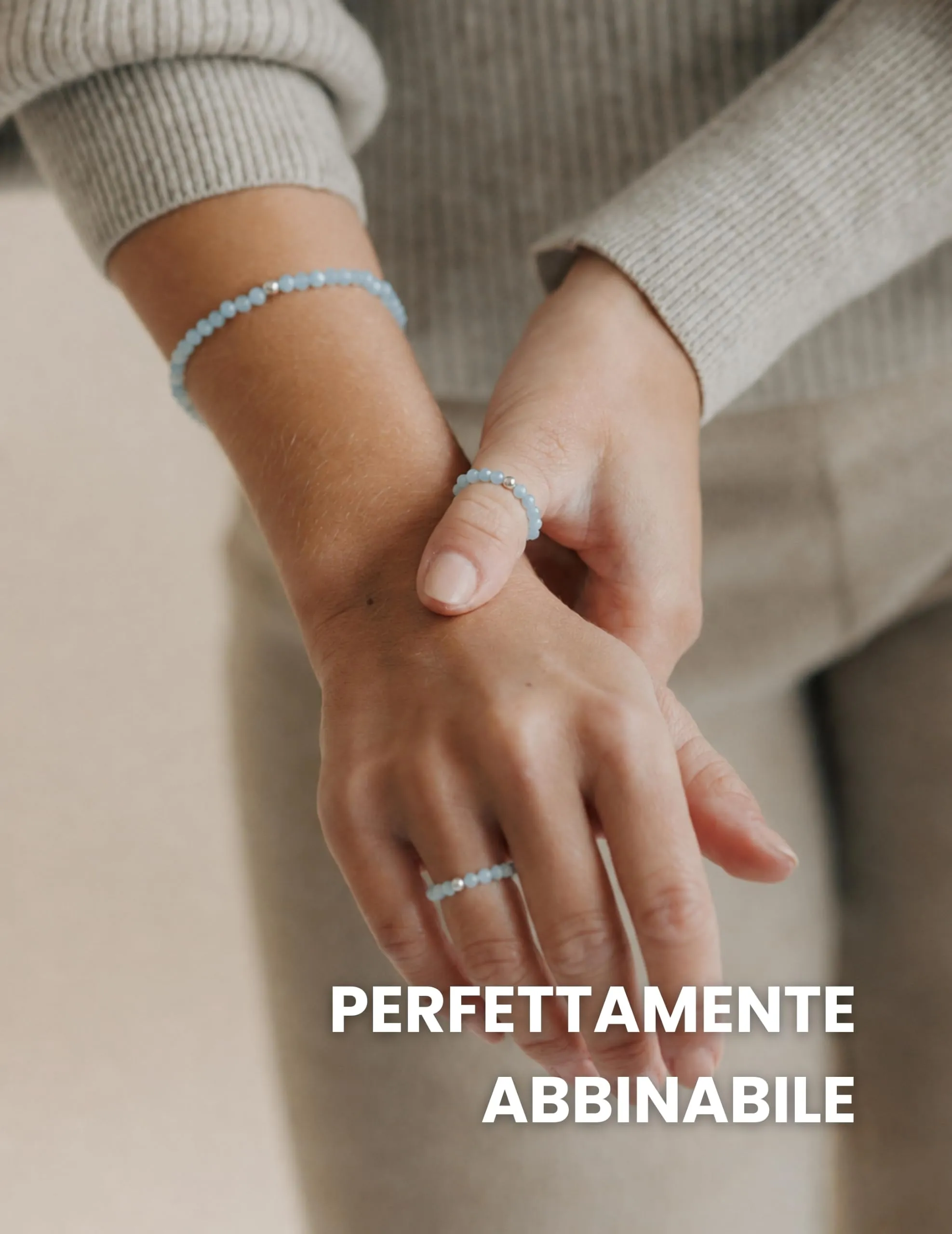 GD GOOD.designs Anello Antistress in Acquamarina con Perline di Pietra Naturale da Donna, Misura 52-60 - immagine 3