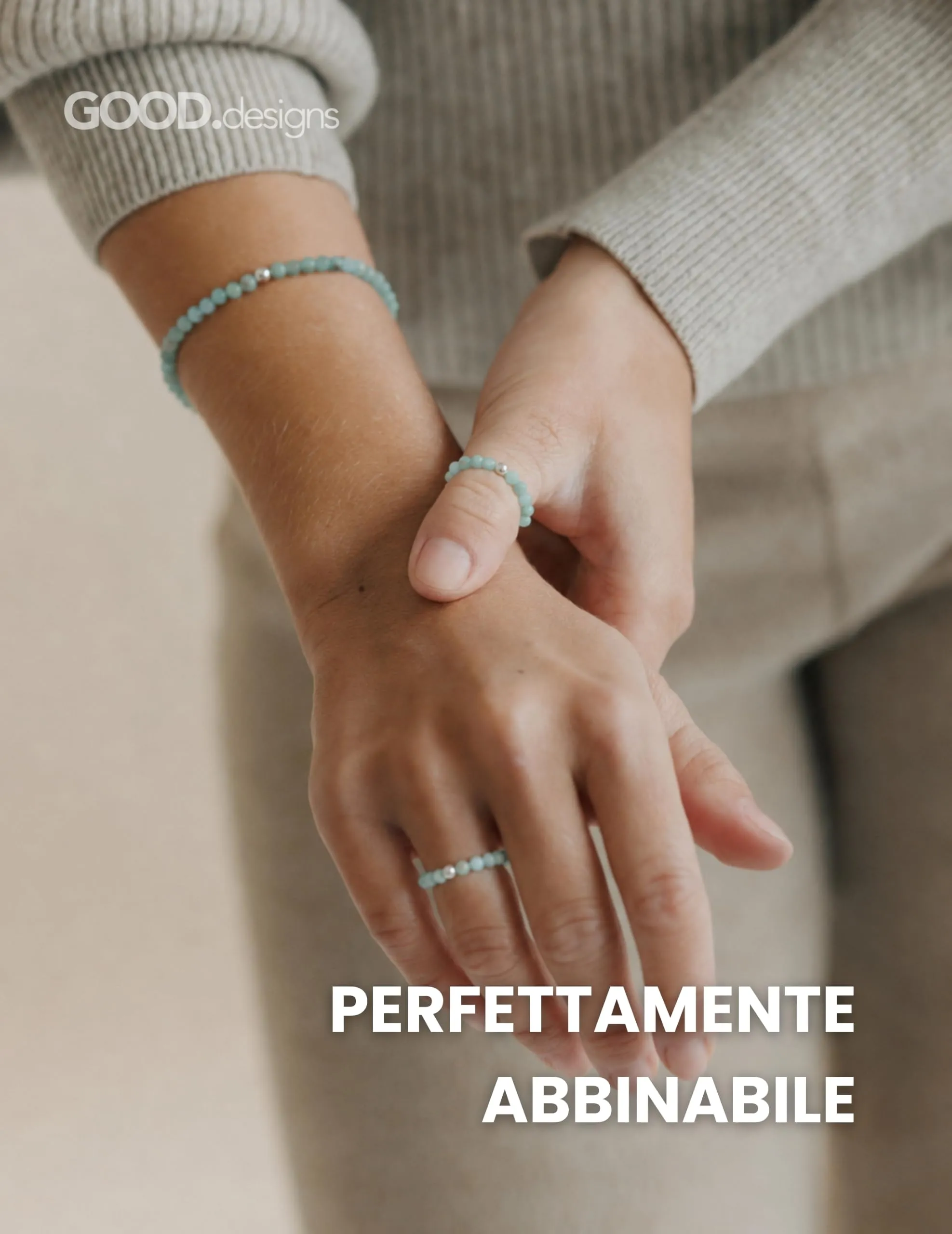 GD GOOD.designs Anello Antistress in Amazzonite con Perline di Pietra Naturale da Donna, Misura 52-60 - immagine 3