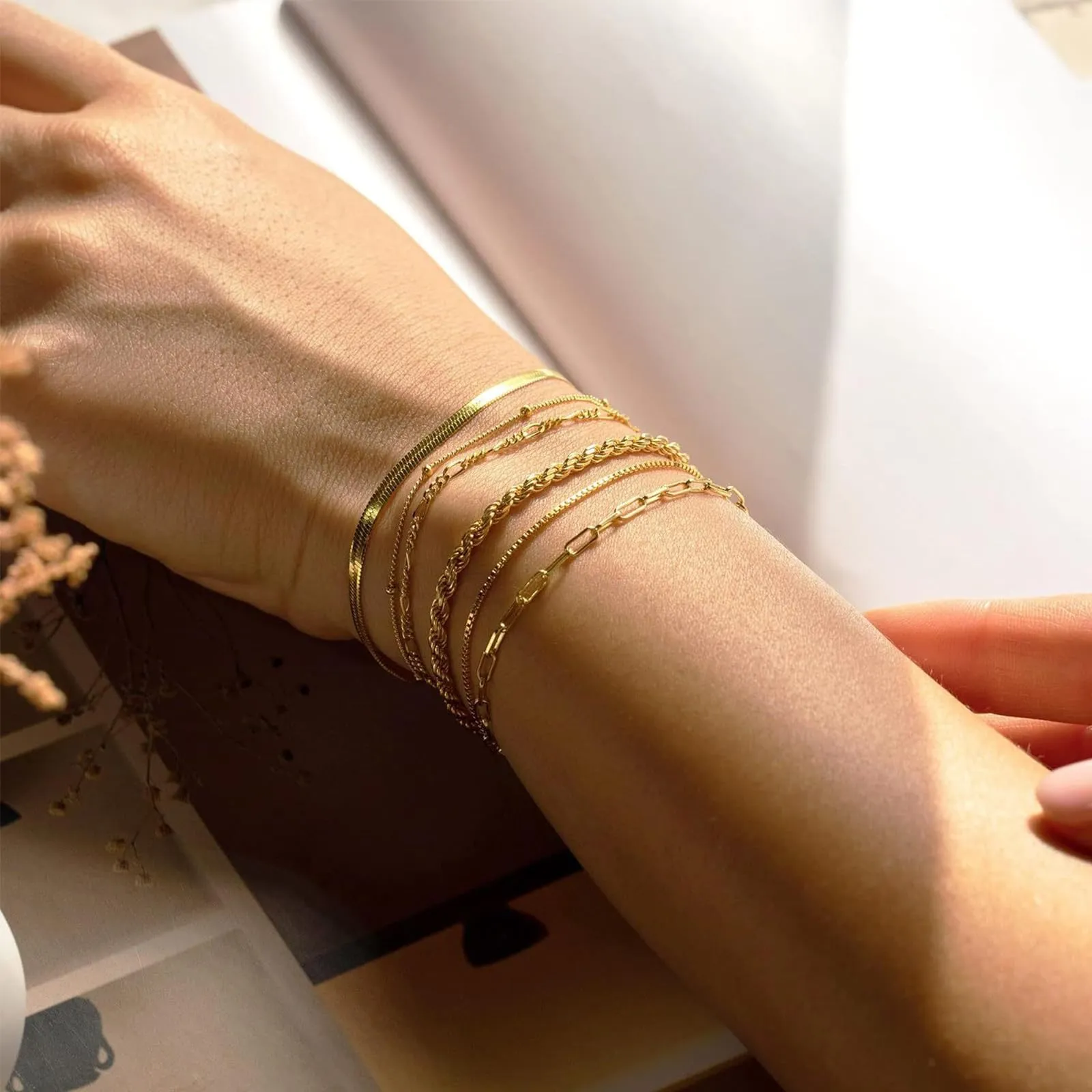 sundrerfect Set di 6 Bracciali in Acciaio Inox Oro per Donna, Waterproof, Modelli Cubano e Variati, 19 cm - immagine 4