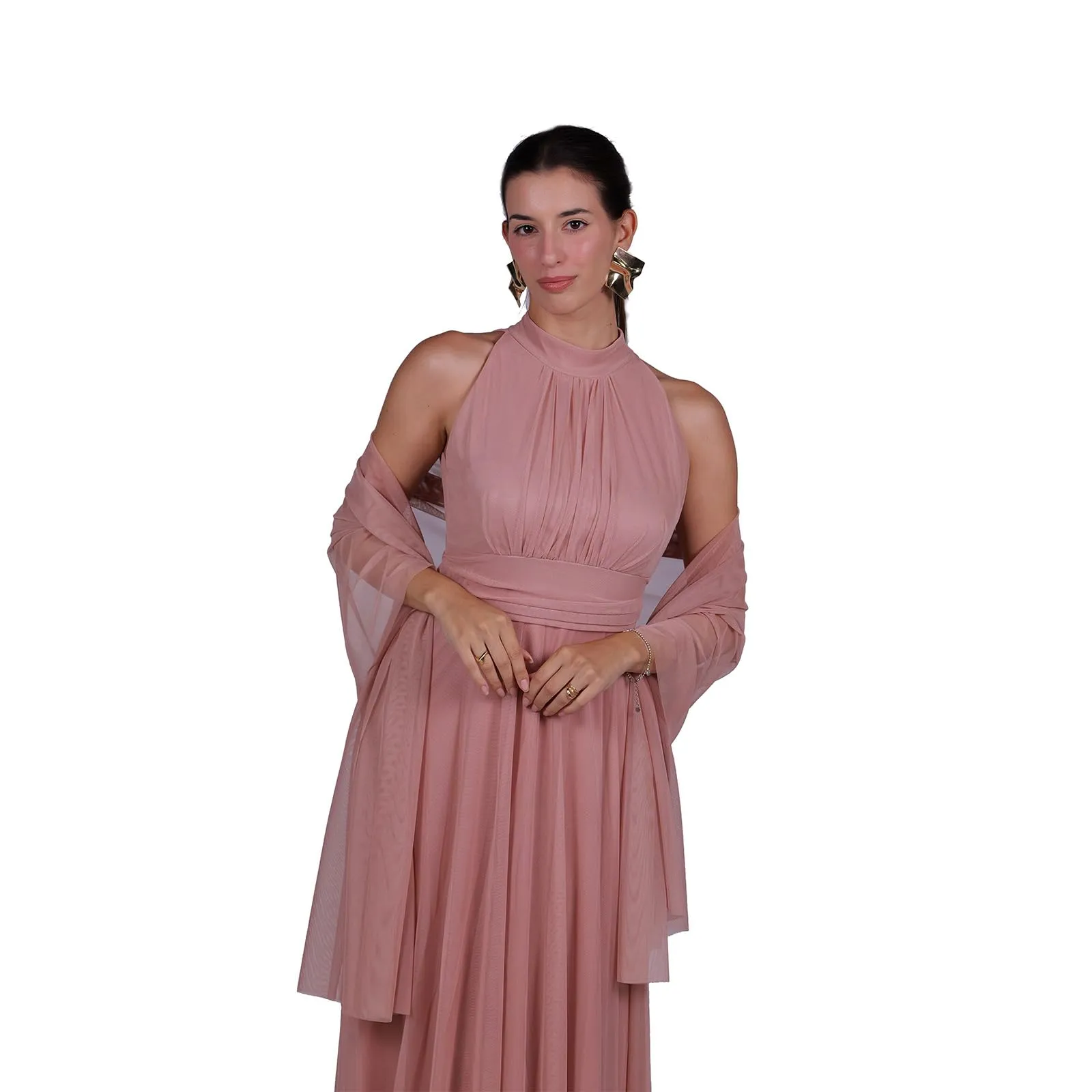 VALORIALUXE Abito Lungo Elegante Donna con Stola Coordinata, Collo Alto Senza Maniche in Tulle, Rosa Antica, L-XL - immagine 3
