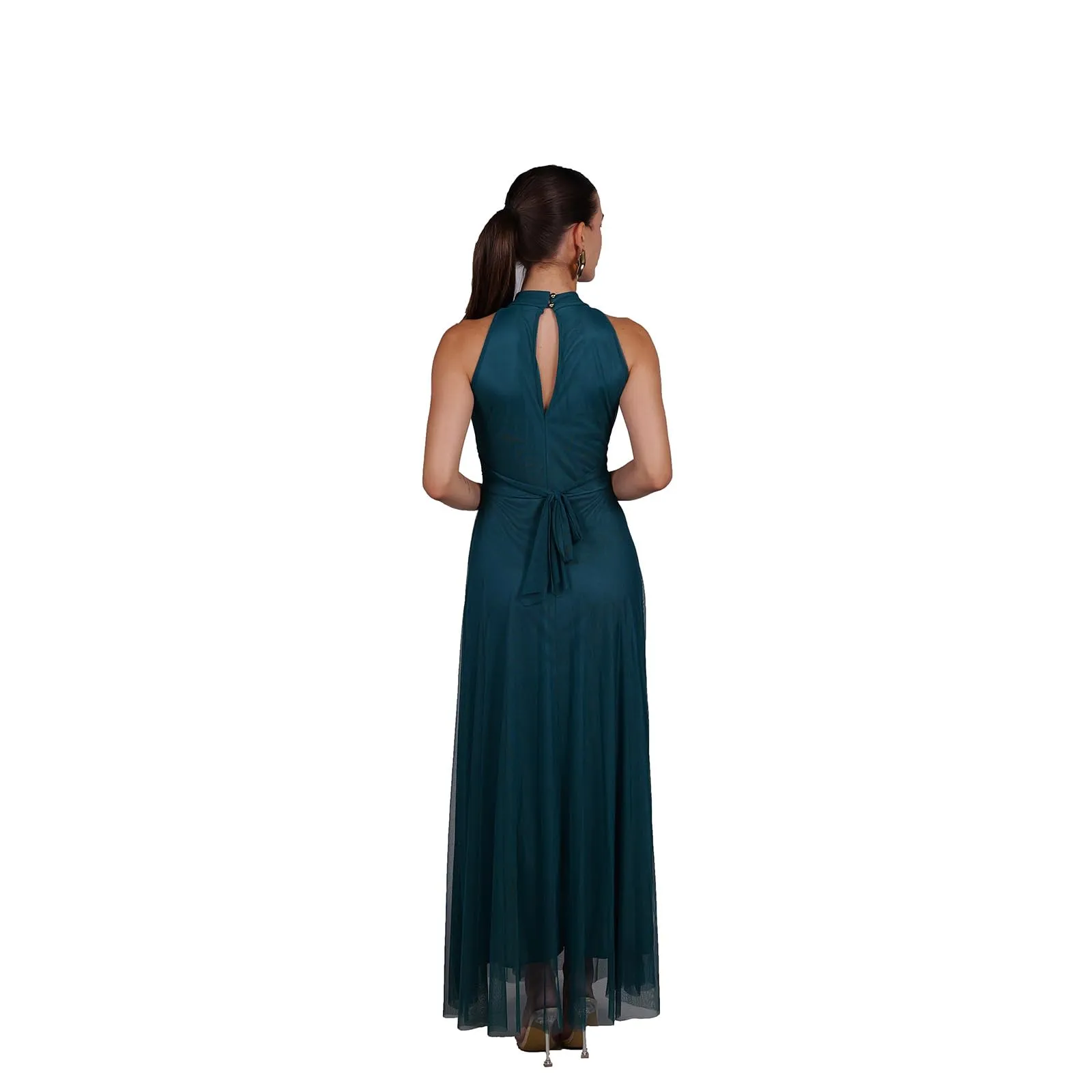 VALORIALUXE Abito Lungo Elegante Donna con Stola Coordinata, Collo Alto Senza Maniche in Tulle, Blu Petrolio - immagine 2