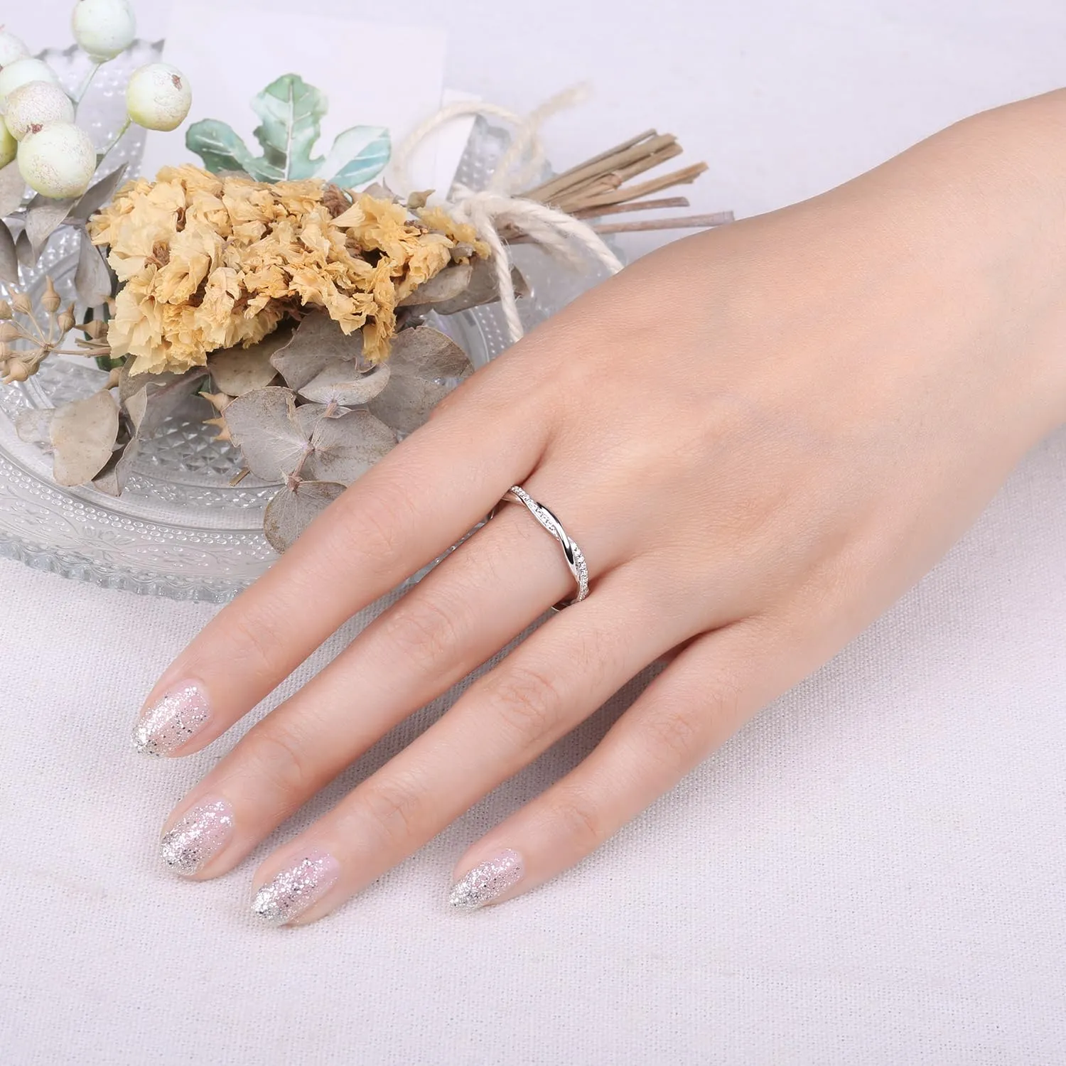 JewelryPalace Anello Infinito Donna placcato oro bianco 14K con Zirconia Cubica, Anello Impilabile Taglio Rotondo, Misura 9.5 - immagine 4
