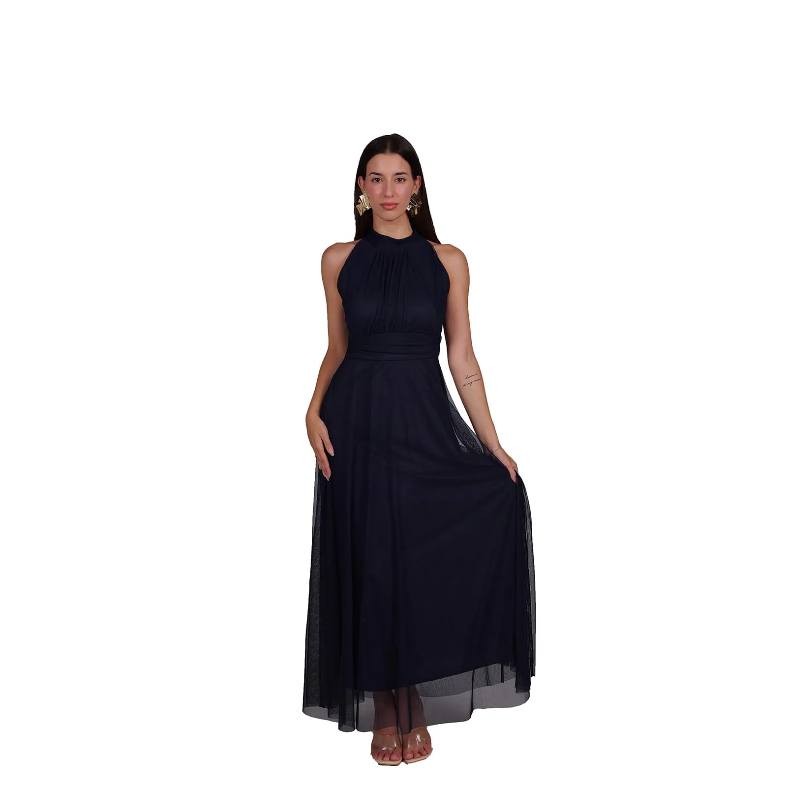 VALORIALUXE Abito Lungo Elegante Donna con Stola Coordinata, Collo Alto Senza Maniche in Tulle, Vecchio Blu, L-XL - immagine 1