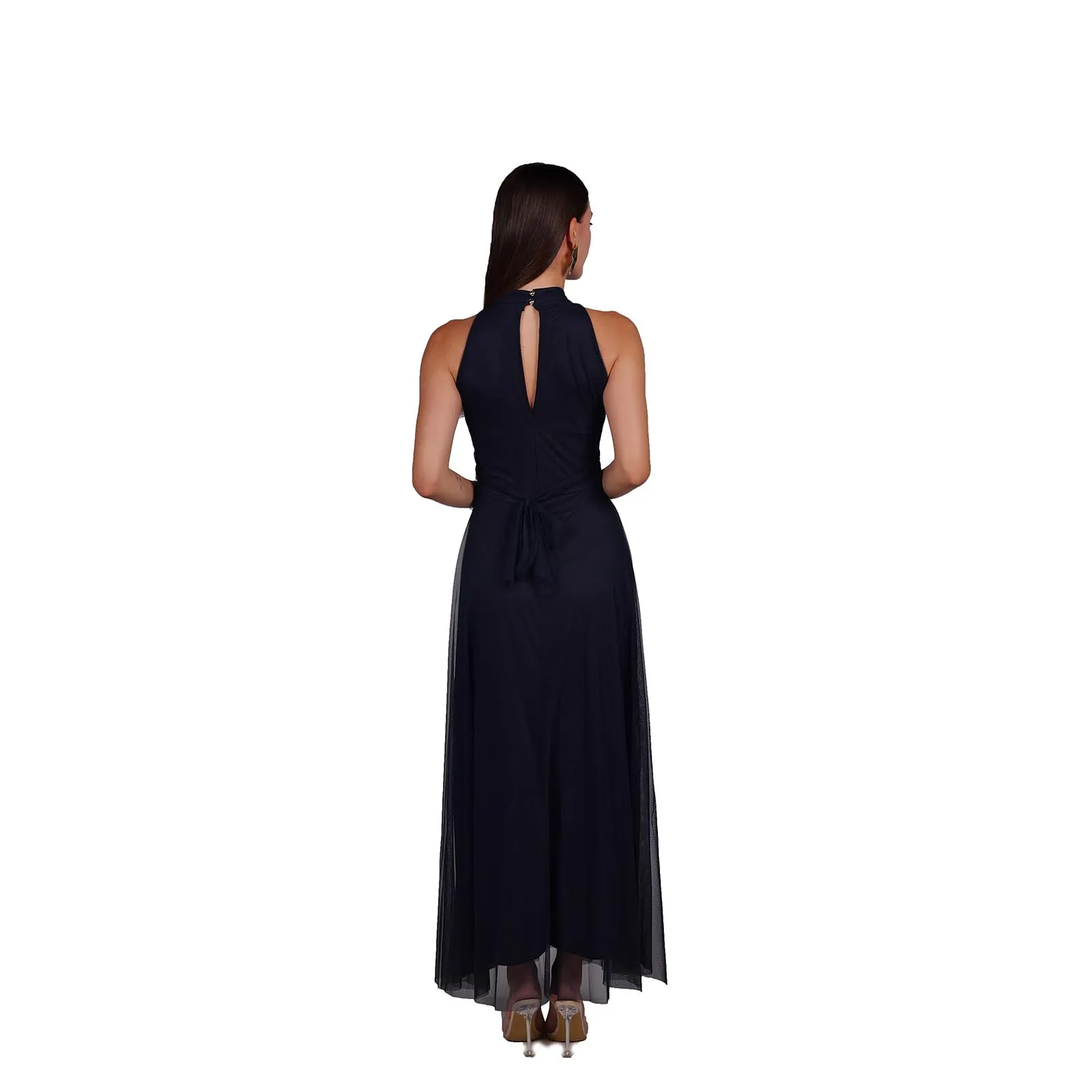 VALORIALUXE Abito Lungo Elegante Donna con Stola Coordinata, Collo Alto Senza Maniche in Tulle, Vecchio Blu, L-XL - immagine 2