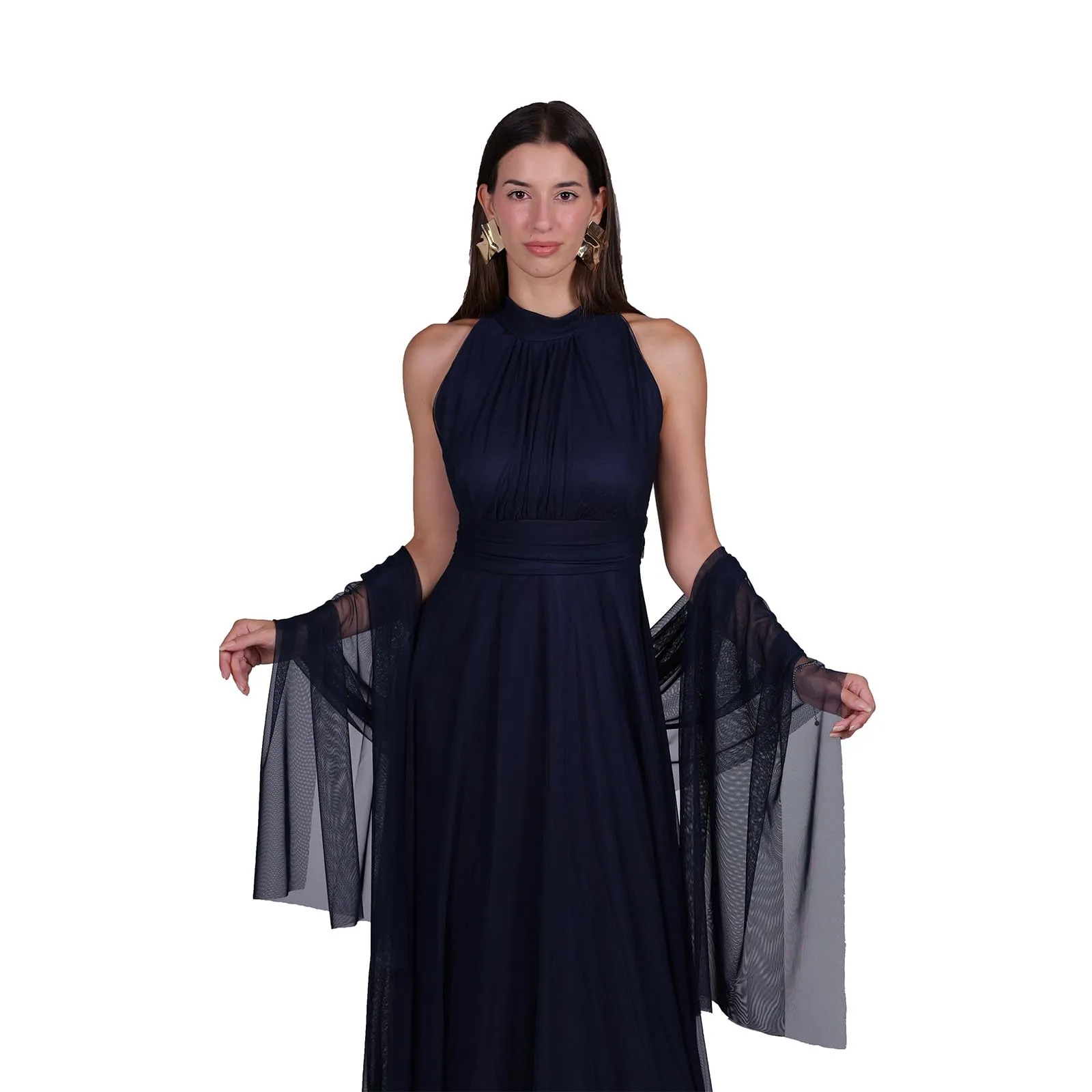 VALORIALUXE Abito Lungo Elegante Donna con Stola Coordinata, Collo Alto Senza Maniche in Tulle, Vecchio Blu, L-XL - immagine 3