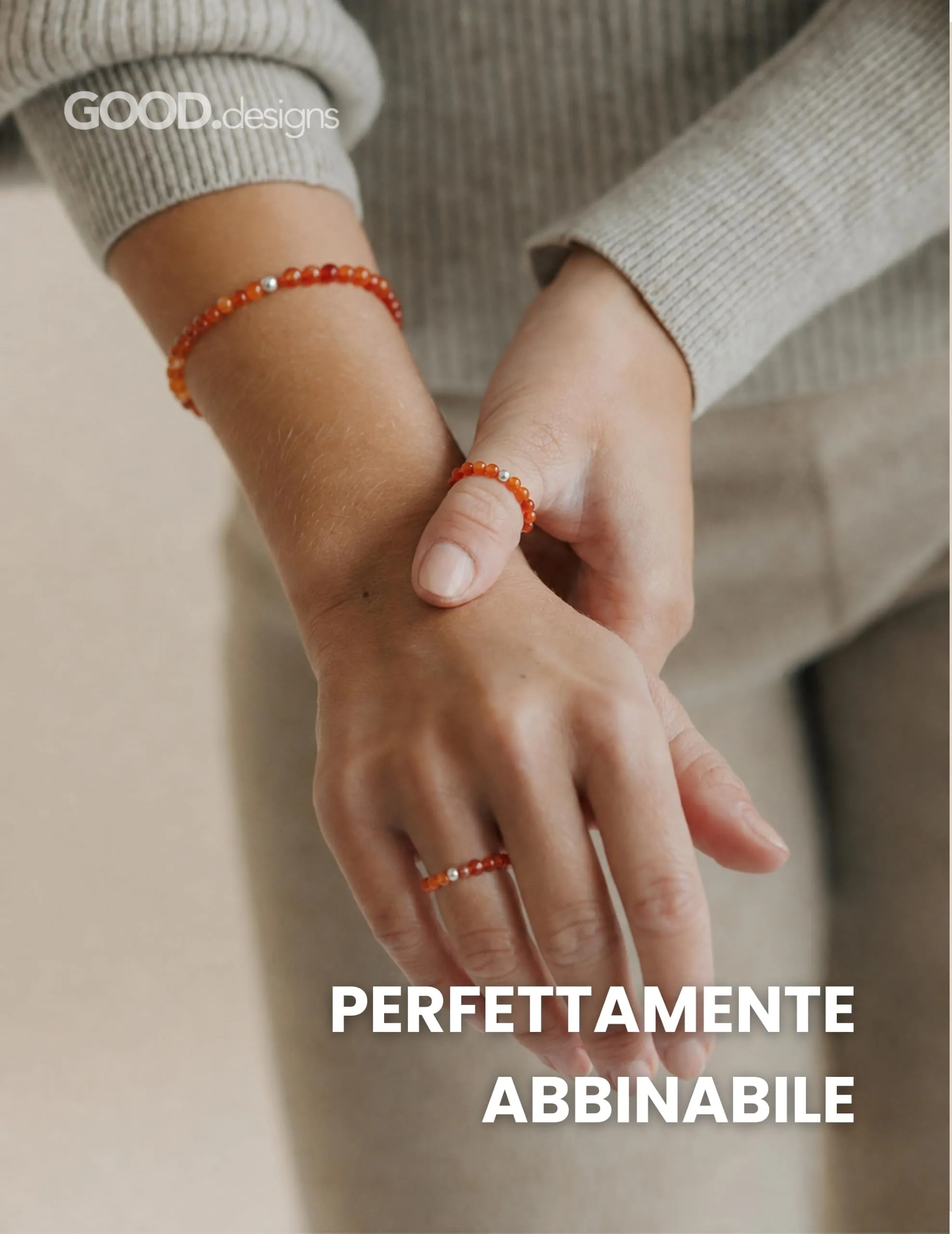 GD GOOD.designs Anello Antistress in Corniola con Perline di Pietra Naturale da Donna, Misura 52-60 - immagine 3