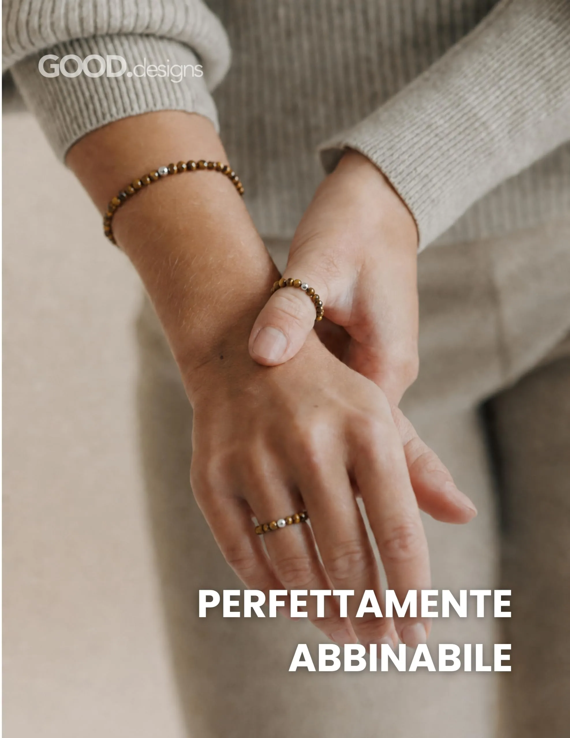 GD GOOD.designs Anello Antistress in Occhio di Tigre con Perline di Pietra Naturale da Donna, Misura 52-60 - immagine 3