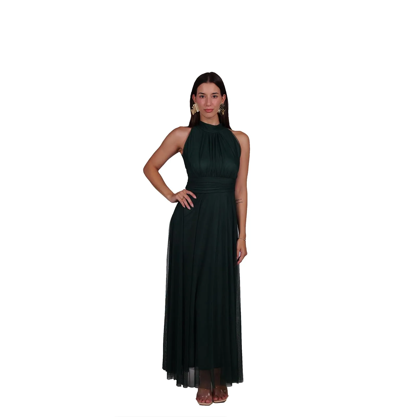 VALORIALUXE Abito Lungo Elegante Donna con Stola Coordinata, Collo Alto Senza Maniche in Tulle, Verde Bosco, L-XL - immagine 1