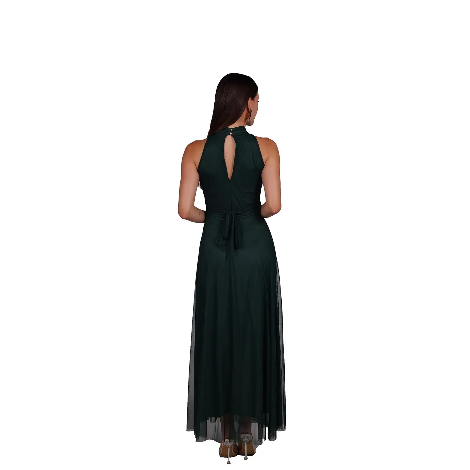 VALORIALUXE Abito Lungo Elegante Donna con Stola Coordinata, Collo Alto Senza Maniche in Tulle, Verde Bosco, L-XL - immagine 2