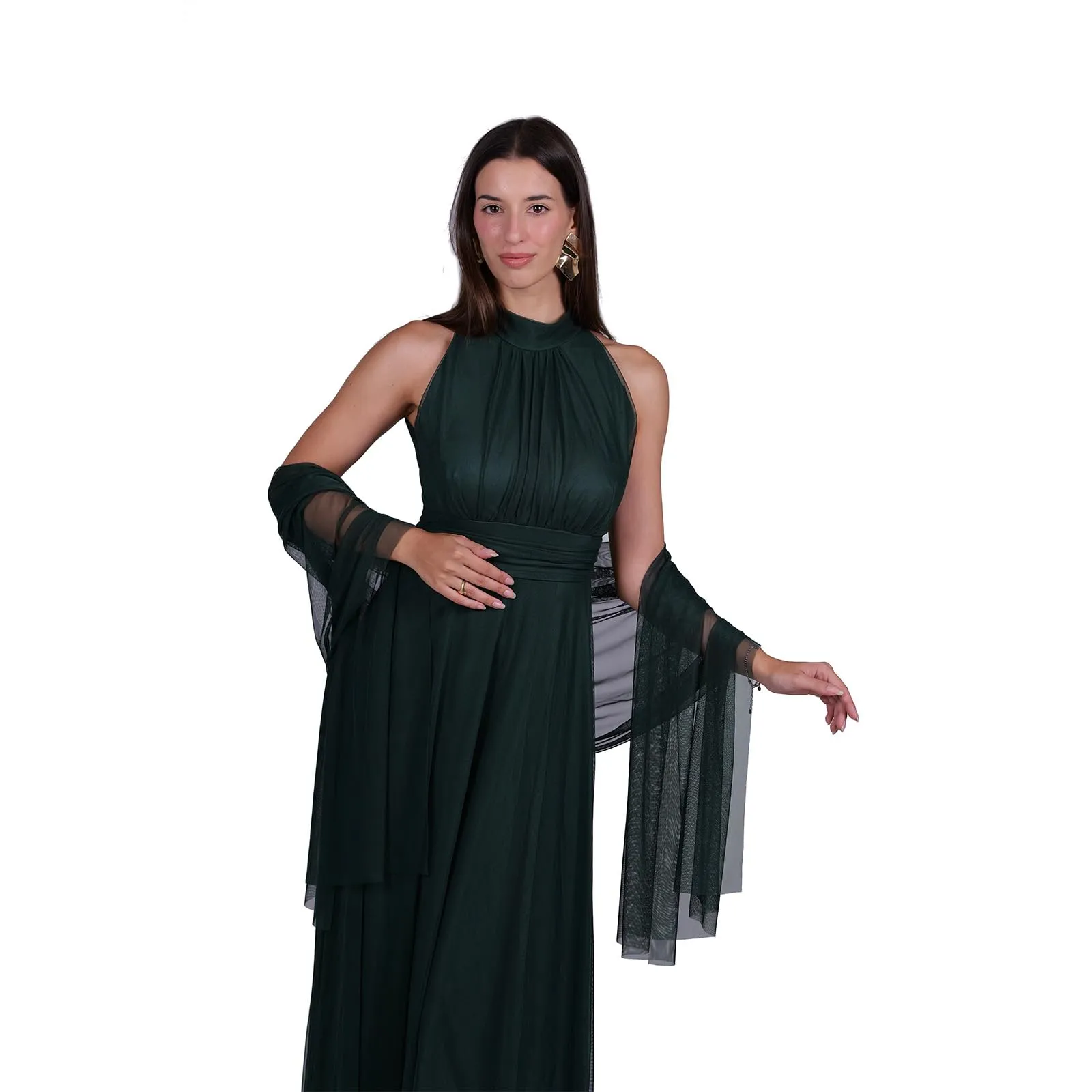 VALORIALUXE Abito Lungo Elegante Donna con Stola Coordinata, Collo Alto Senza Maniche in Tulle, Verde Bosco, L-XL - immagine 3