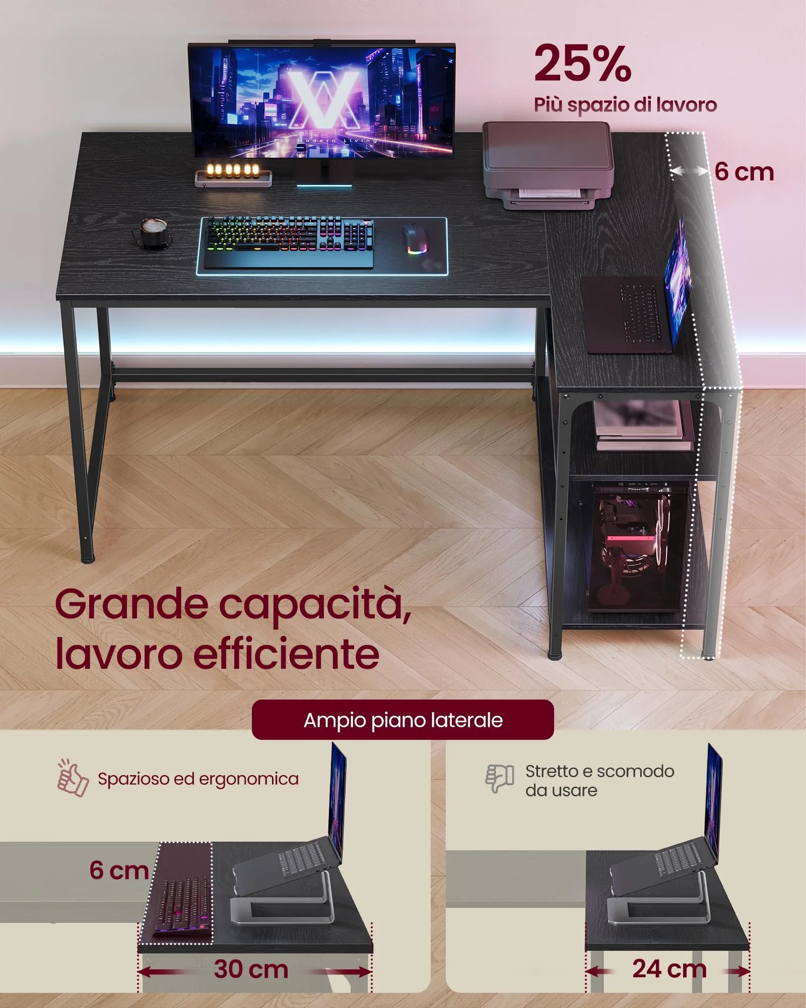 VASAGLE Scrivania a L per Computer, Ripiani Reversibili, 120 x 80 x 76 cm, Nero Ebano - immagine 3