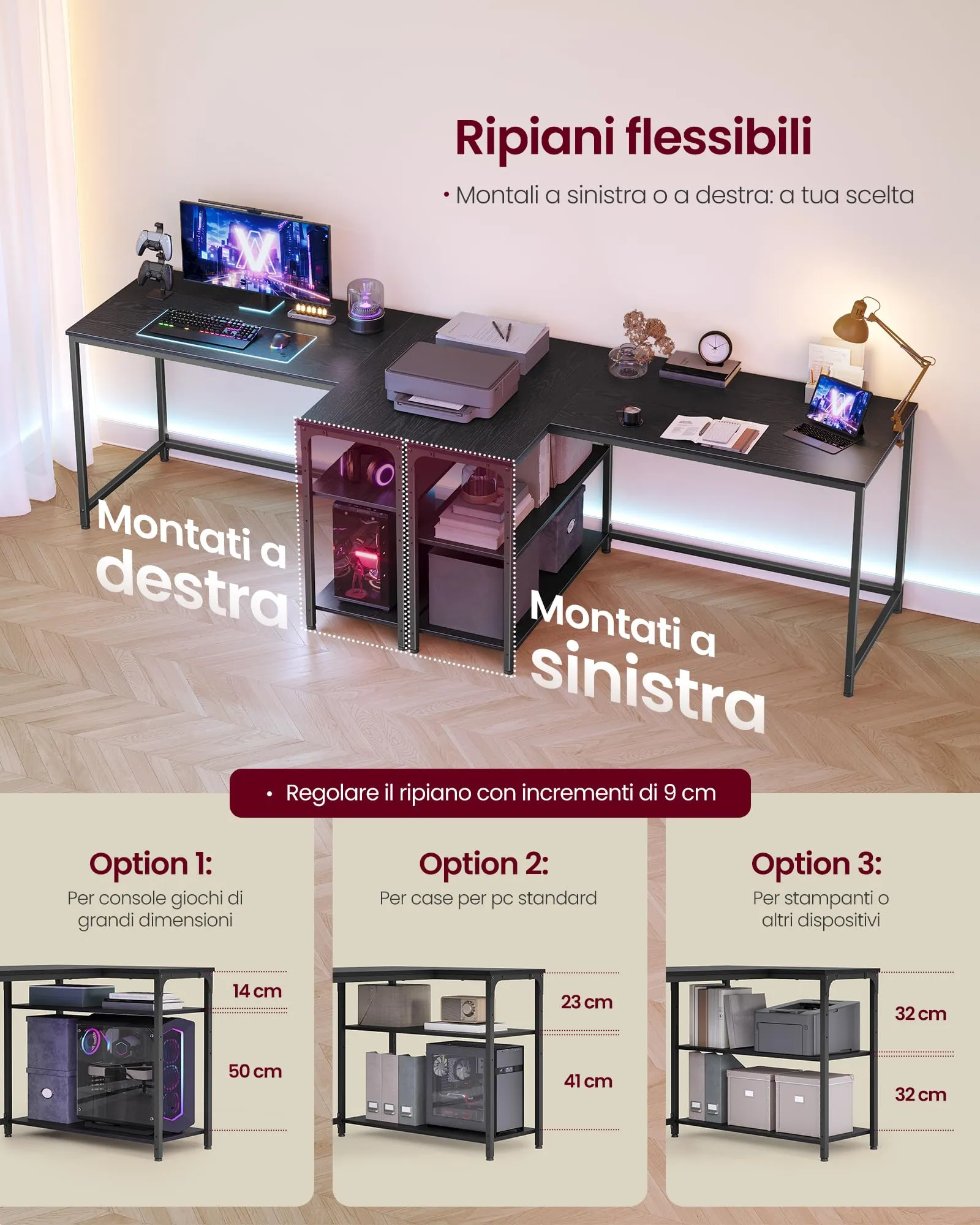 VASAGLE Scrivania a L per Computer, Ripiani Reversibili, 120 x 80 x 76 cm, Nero Ebano - immagine 4
