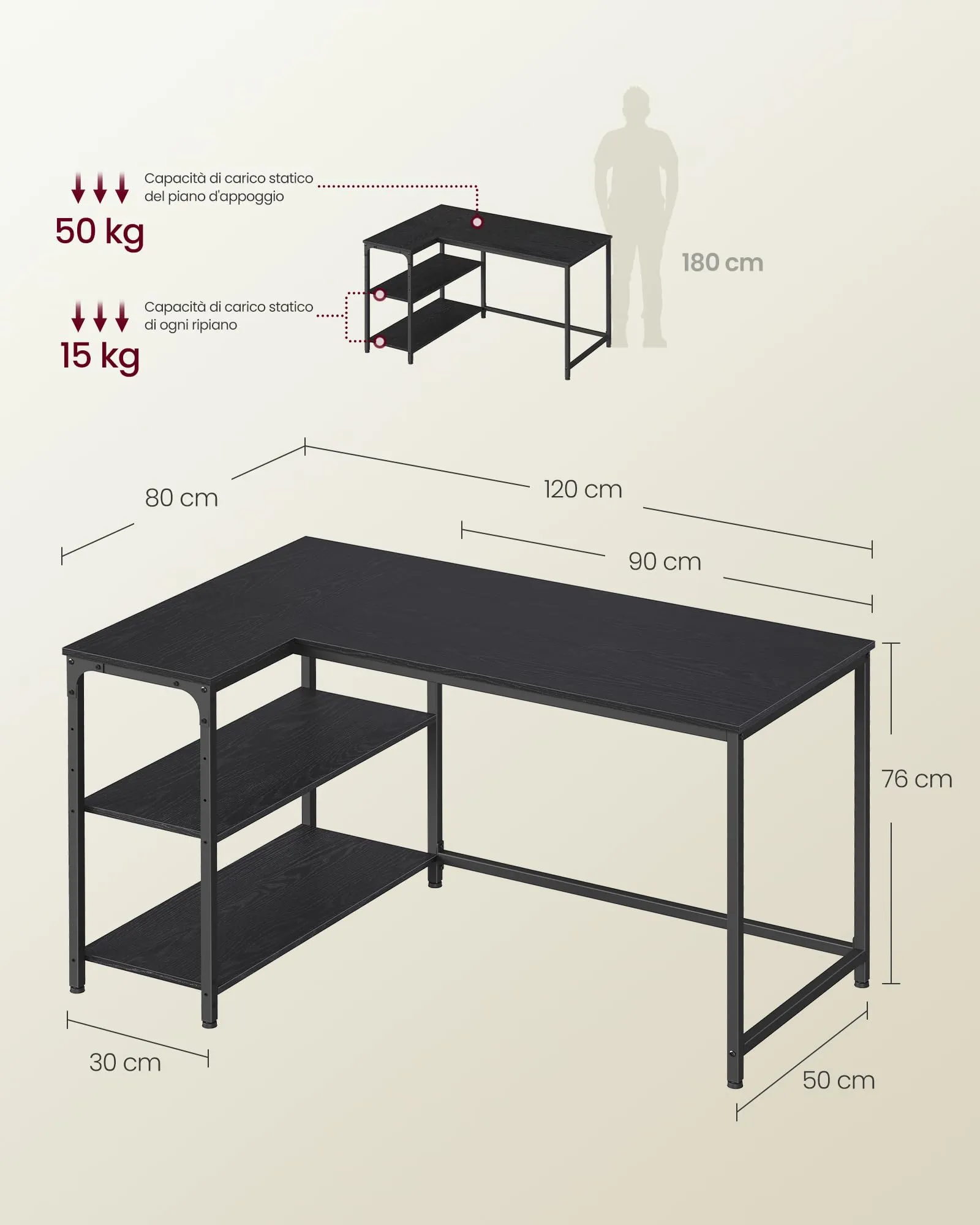 VASAGLE Scrivania a L per Computer, Ripiani Reversibili, 120 x 80 x 76 cm, Nero Ebano - immagine 6