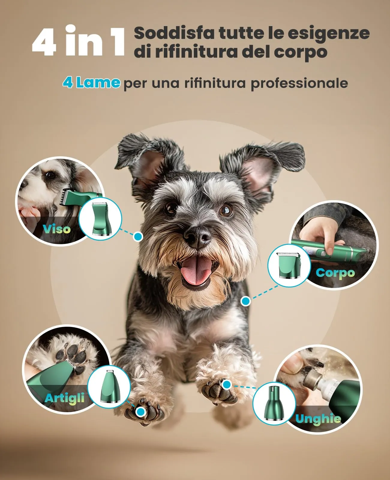 oneisall Tosatrice 4 in 1 per cani e gatti, Impermeabile IPX7, Verde - immagine 2