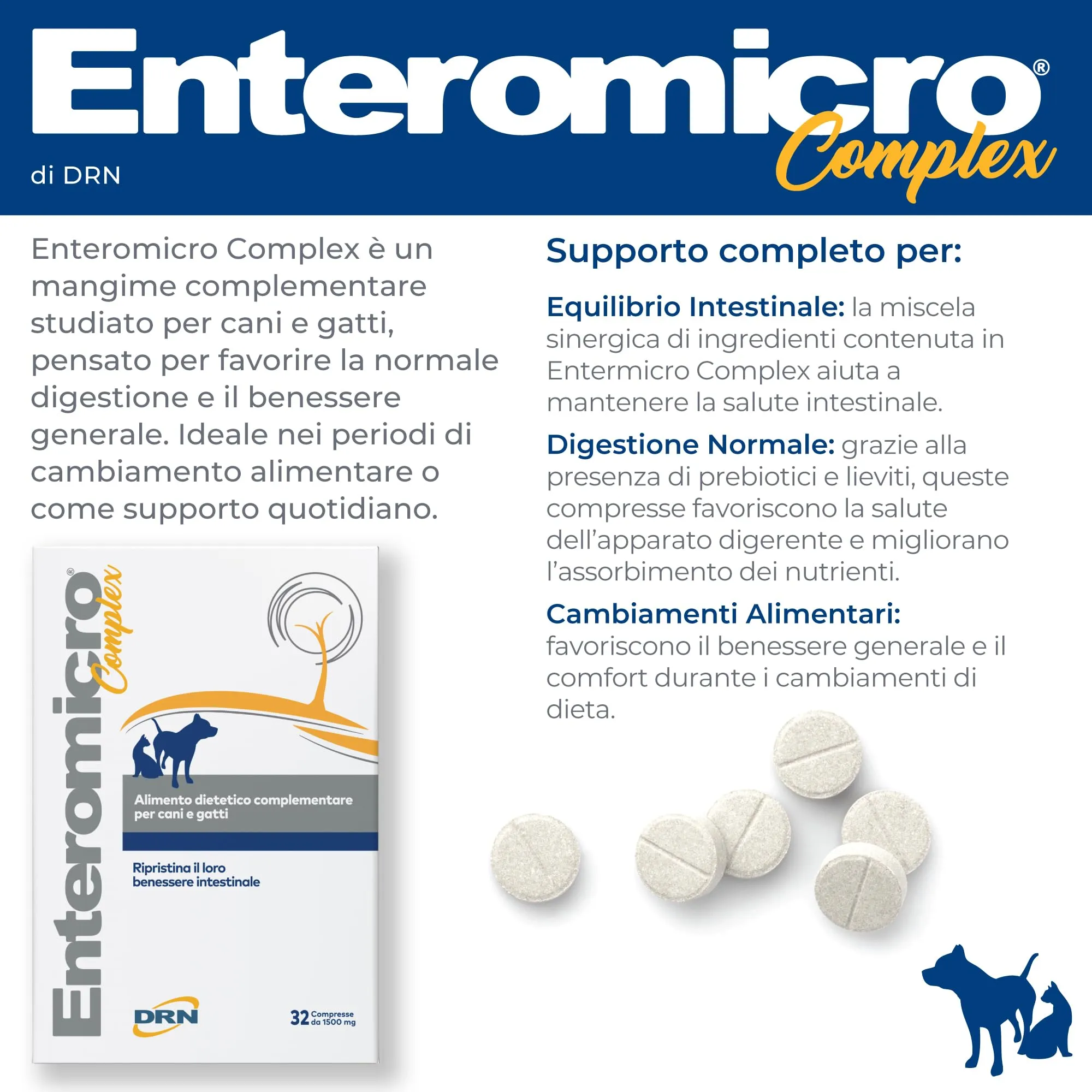 DRN Enteromicro Complex Fermenti Lattici Probiotici per Cani e Gatti, 32 Compresse - immagine 2